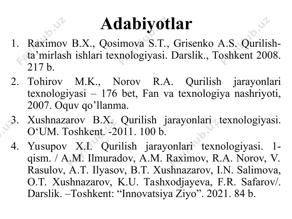 sh, ularning tavsiflarini, holatini va fazodagi vaziyatini (konstruksiya) o’zgartirib loyihaviy qurilish mahsulotini yaratish maqsadiga yo’naltirilgan harakatlar (qurilish jarayoni), usullar va vositalar (texnik vositalar)ning yig’indisini tushunish lozim. yaxlit temir-beton va metalldan iborat bo‘lgan qurilishlar maxsus ishlab chiqilgan sxemalar asosida buziladi. buzish jarayonida ajratib olinadigan temir-beton bloklar va metall elementlar og‘irligi ishlatilayotgan kranning eng katta qulochdagi yuk ko‘taruvchanligining yarmidan ortib ketmasligi kerak. yig‘ma temir-betondan tashkil topgan qurilishlar montaj sxemasiga teskari bo‘lgan sxemalar asosida buzib olinadi. yuza suvlari yog‘ingarchiliklar (yomg‘ir, qor) natijasida hosil bo‘ladi. yuza suvlari maydonning o‘zida hosil bo‘ladigan va boshqa yuqori uchastkalardan oqib keladigan («begona suvlar») turlarga bo‘linadi. maydonning o‘zidagi yuza suvlarini oqizib yuborish uchun maydon ma’lum nishablikda tekislanadi. «begona suvlar» maydonni aylanib o‘tadigan ariqchalar yordamida oqizib yuboriladi. (1-rasm) suv yaxshi oqishi uchun ariqchaning bo‘ylama nishabligi kamida 0,003 bo‘lishi kerak. 1-rasm. maydonni yuza suvlaridan himoya qilish: 1-yuza suvlarini hosil bo‘lish joyi, 2-suv oqizish ariqchasi, 3-qurilish maydonchasi qurilish maydonidagi grunt suvlarining sathi …