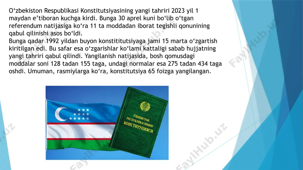 'zbekiston konstitutsiyasi: 2022-yilgi yangi tahrirdagi konstitutsiyada davlat suvereniteti va xalqning hokimiyatini ta'kidlaydigan yangiliklar mavjud. masalan, konstitutsiyada o'zbekiston xalqining davlatni boshqarishdagi asosiy rolini belgilashga alohida e'tibor qaratilgan. xalq hokimiyatining asosiy manbai sifatida tan olinadi. xorijiy davlatlar: ko'plab xorijiy konstitutsiyalarida suverenitet, demokratiya va xalq hokimiyati prinsiplariga katta ahamiyat berilgan. lekin, ba'zi davlatlarda monarxiyalar yoki respublikalar o'rtasida farqlar mavjud. masalan, britaniya konstitutsiyasida monarxning ramziy roli bo'lsa, amerikalik konstitutsiya xalq vakilligi va saylovlar orqali boshqaruvni kafolatlaydi. 2. o'zbekistonning hududiy yagona birligi o'zbekiston konstitutsiyasi: yangi tahrirda o'zbekistonning hududiy yaxlitligi va davlatning yagona birlik tamoyili qat'iy belgilangan. respublikaning barcha hududlari bir-biridan mustaqil emas, balki bir-birini qo'llab-quvvatlovchi yagona tizimni tashkil etadi. xorijiy davlatlar: ko'plab federal davlatlarda (masalan, germaniya, aqsh, avstraliya) hududiy birlikning farqli shakllari mavjud. bu davlatlar federal tizimda bo'lib, individual shtatlar yoki hududlar mustaqil qonun chiqarish va boshqa siyosiy huquqlarga ega. o'zbekistonda esa yagona, markazlashtirilgan tizim mavjud. v 3. huquqlar va erkinliklar o'zbekiston konstitutsiyasi: 2023-yilda yangi …