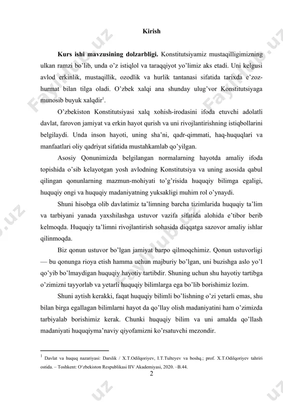 olib davlatimiz ta’limning barcha tizimlarida huquqiy ta’lim va tarbiyani yanada yaxshilashga ustuvor vazifa sifatida alohida e’tibor berib kelmoqda. huquqiy ta’limni rivojlantirish sohasida diqqatga sazovor amaliy ishlar qilinmoqda. biz qonun ustuvor bo’lgan jamiyat barpo qilmoqchimiz. qonun ustuvorligi — bu qonunga rioya etish hamma uchun majburiy bo’lgan, uni buzishga aslo yo’l qo’yib bo’lmaydigan huquqiy hayotiy tartibdir. shuning uchun shu hayotiy tartibga o’zimizni tayyorlab va yetarli huquqiy bilimlarga ega bo’lib borishimiz lozim. shuni aytish kerakki, faqat huquqiy bilimli bo’lishning o’zi yetarli emas, shu bilan birga egallagan bilimlarni hayot da qo’llay olish madaniyatini ham o’zimizda tarbiyalab borishimiz kerak. chunki huquqiy bilim va uni amalda qo’llash madaniyati huquqiyma’naviy qiyofamizni ko’rsatuvchi mezondir. konstitutsiyadagi huquqiy g’oyalar istiqlol mafkurasida asosiy o’rinni egallaydi. qonun jamiyat hayotida hamma uchun yashash va harakat qilish qoidasiga aylanar ekan, qonunga nisbatan fuqarolarning munosabati qanday bo’lishi kerak? qonunga hurmat, e’tiqod-chi, degan qator savollar kelib chiqadi. konstitutsiyaning mazmun va mohiyatini o’rga nish, undagi ulug’vor g’oyalarni …