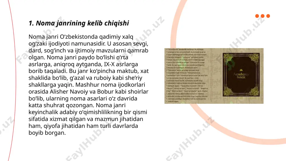 qozonishiga qaramay, o'zbekistonda cheklangan auditoriyaga ega. fantastika va ilmiy fantastika janrlari ko'pincha jamiyatdagi o'zgarishlarni talqin qilish yoki texnologiyalar va ilm-fan rivojini yoritish uchun ishlatiladi. qo'rqinchli va mistik janrlar inson psixologiyasi va jamiyatdagi qo'rquvlarni tadqiq qilishga imkon beradi. o'zbek yozuvchilari orasida noma janrlarida asarlar yaratganlar juda kam bo'lib, ularni tahlil qilish bu sohadagi bo'shliqlarni to'ldirish imkonini beradi. ... t.me/slaydai_bot 7. noma janrida qo‘llaniladigan adabiy uslublar noma janrida qo‘llaniladigan adabiy uslublar turlicha bo‘lib, bu janrning o‘ziga xosligini ta’minlaydi. noma janri asosan maktub shaklida yozilganligi sababli uning asosiy uslublari muloqotga yo‘naltirilgan. bu uslublar orasida asosiy o‘rinlarni quyidagilar egallaydi: muloqot uslubi, ya'ni masofa orqali aloqa o‘rnatish; samimiyat uslubi, bu orqali yozuvchi his-tuyg‘ularini ochiq ifodalaydi; lirizm uslubi, unda shaxsiy kechinmalar va hissiy tasvirlar ustunlik qiladi. qoidaga ko‘ra, noma uslubi predmentiv yoki subyektiv bo‘lishi mumkin. uslubiy versatillik, ya’ni ko‘p qirralilik va muallifning individual ovozi bu janrdagi eng muhim elementlardan biridir. noma janriga moslashuvchan bo‘lishi ham xos, …