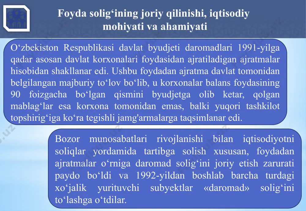 publikasining norezidentlari bo’lgan yuridik shaxslar, shuningdek o’zbekiston respublikasida faoliyatni doimiy muassasalar orqali amalga oshiradigan, yuridik shaxs tashkil etmagan holdagi chet el tuzilmalari; 3 o’zbekiston respublikasidagi manbalardan daromadlar oluvchi o’zbekiston respublikasi norezidentlari bo’lgan yuridik shaxslar; soliq to‘lovchilar tarkibi, soliq obyekti va soliq bazasi o’zbekiston respublikasi soliq kodeksining 294-moddasiga muvofiq quyidagilar foyda solig’ining soliq to’lovchilari deb e’tirof etiladi: 8 4 soliq to’lovchilar konsolidatsiyalashgan guruhining mas’ul ishtirokchilari bo’lgan yuridik shaxslar; 5 soliq davrida tovarlarni (xizmatlarni) realizatsiya qilishdan olgan daromadlari bir milliard so’mdan ortiq bo’lgan yoki o’z ixtiyori bilan foyda solig’ini to’lashga o’tgan yakka tartibdagi tadbirkorlar; 6 oddiy shirkat shartnomasi (birgalikdagi faoliyat to’g’risidagi shartnoma) doirasida amalga oshiriladigan faoliyat bo’yicha oddiy shirkatning ishonchli shaxsi. soliq to‘lovchilar tarkibi, soliq obyekti va soliq bazasi agar soliq kodeksida boshqacha qoida nazarda tutilmagan bo’lsa, aylanmadan soliq to’lovchi shaxslar soliq to’lovchilar hisoblanmaydi. yuridik shaxslar foyda solig‘i bo‘yicha byudjet bilan hisob-kitoblarni mustaqil ravishda amalga oshiradilar. ayrim iqtisodiyot tarmoq korxonalari byudjet bilan …