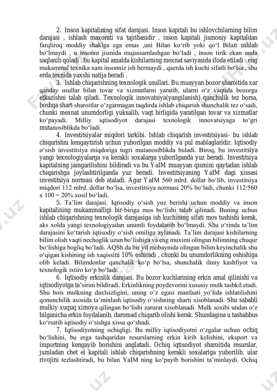 sh surati= yaimning yillik qo‘shimcha usish surati / aholi soni; yaimning yillik o’sishi = (yaim2/yaim1)*100; yuqoridagilardan qaysi ko‘rsatkich zarurligi to‘grisida fikrlar yuradi. mumkin bo‘lgan variantlar: a) yuqori o‘sish sur’ati; b) nol xolidagi o‘sish; c) manfiy o‘sish sur’ati; d) optimal o‘sish sur’ati. bu ko‘rsatkichlarni ko‘rib chiqamiz. birinchi qarashda, yuqori o‘sish sur’ati asosiyroqdek ko‘rinadi. bu xolda birinchidan mahsulotni sifatini xisobga olish zarur. ikkinchidan mahsulotni qo‘shimcha o‘sishida uni tuzilishini xisobga olish zarur. iqtisodiy o‘sishda nolli o‘sish sur’ati material ta’minotini kamaytirsa, bu bilan ishlab chiqarish omillariga sarf xarajatni kamaytirsa, bu yomon emas. manfiy o‘sish- bu milliy iqtisodiyotdagi krizisdan darak beradi. optimal o‘sish- juda yuqori xam emas, juda past xam emas, balki makroiqtisodiy muvozanatni ta’minlaydi. 11.2 iqtisodiy o‘sishni tavsiflovchi mezonlar. agar tabiiy boylik e’tibordan qochirilsa, xozirgi paytdagi iqtisodiy o‘sish omillari quyidagilardan iborat bo‘ladi; 1. ishlab chiqarishdagi jismoniy kapital sanalgan mashina- uskunalarning texnikaviy darajasi, ularning yuqori unum bera olishi.agar mashina –uskunalar qanchalik mukammal bo‘lsa , shunchalik …