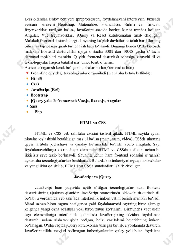 veb saytlarni yanada takomillashtirish, qo‘shimcha imkoniyatlar qo‘shish va bu o‘zgartirishlarni dasturchi o‘ylagandan ham oson usulda amalga oshirish mumkin. agar siz html, css, bootstrap va javascriptni biladigan frontend dasturchi bo‘lsangiz, bugungi kunda yurtimizda oyiga o‘rtacha 100$ dan 300$ gacha daromad topishingiz mumkin. bordiyu siz yuqorida sanab o‘tilganlardan tashqari angularjs, reactjs va vuejs texnologiyalaridan birini bilsangiz, sizning o‘rtacha oylik daromadingiz 400$ dan 600$ gacha bo‘lishi mumkin. bu daromad albatta nisbiy olingan. veb dasturchilarning daromadi odatda ularning bilim darajasi va tajribasi bilan belgilanadi. php va phpmyadmin bu rasmda biz open server oqali phpmyadmin baza yaratish uchun ochilgan menyu hisoblanadi. php ning dastur natijalari browser da ko’rinadi va shu sababli ham bu dasturlash tili server tomon dasturlash tili hisoblanadi. mening loyiham bosh sahifa 1-sahifa html !doctype html> websayt bahodir dev asosiy biz haqimizda blog a'zo bo'lish assalomu aleykum sahifamizga xush kelibsiz! mening ismim bahodir. men samarqand davlat universiteti matematika fakultetida o'qiyman bu mening front-end …
