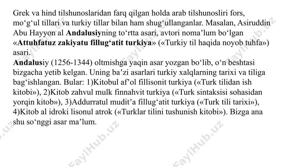 ushining hosil qilinishini ibn sino yaxshi tasvirlaydi. 9 mahmud ibn husayn ibn muhammad koshg‘ariy o‘rta osiyoning xi asrda yashagan ulug‘ olimidir. m.koshg‘ariyning turkiy tillarga bag‘ishlangan ikkita asar yozganligi maʼlum. ulardan biri «javohirun nahv fi lug‘atit turk» («turkiy tillarning sintaksisi javohirlari») deb, ikkkinchisi esa «devonu lug‘atit turk» (turkiy so‘zlar to‘plami») deb ataladi. birinchi asar hozirgacha topilmagan, ammo shunday kitobning bo‘lganligini koshg‘ariyning o‘zi ham, boshqa olimlar ham xabar qiladigan. «devonu lug‘atit turk» (qisqacha “devon” asarining faqat bitta nusxasi 1914 yilda turkiyadan topilda. u kotib muhammad bin abu bakir damashqiy tomonidan 1265-1266 yillar orasida koshg‘ariyning o‘z qo‘li bilan yozilgan nusxadan ko‘chirilgan. shu nusxa asosida 1915-1917 yillarda turkiyada “devon”ning uch tomi nashr qilindi, 1928 yilda vengriyada k. brokkelman tarjimasida nemis tilida bosildi, 1939 yilda turkiyada basim ataliy tarjimasida turk tilida, 1960-1963 yillar orasida esa toshkentda o‘zbek tilshunosi solih mutallibov tarjimasida o‘zbek tilida nashr qilindi. 10 koshg‘ariyning “devon”i ikki qismga - muqaddima va lug‘at qismlariga …