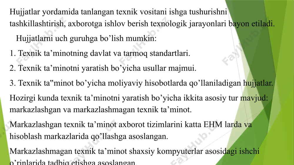 ent o‘rtasida oddiy (odatda, ikki juft sim orqali) elektrik kanalda matnli xabar va ma’lu­motlarni uzatishda foydalanilgan. teletayp o‘z davrida yaratilgan zamonaviy qurilma sifatida insoniyatning uzog‘ini yaqin qilib, masofadan xabar yetkazishdek qulay imkoniyatni taqdim etgan. «teletayp» atamasi — grekcha «tele» («olis») va inglizcha «type» («bosib chiqarish») so‘zlari birikmasidan iborat yasama so‘zdir. haqiqatdan ham mazkur so‘z ushbu qurilma yaratilish jara­yonining to‘liq ifodasiga muvofiq keladi, ya’ni mazmun-mohiyati bilan «masofadan turib, matnni bosib chiqarish» tushunchasini anglatadi. shu bilan birga, ushbu jarayon elektr toki yordamida amalga oshirilishini ta’kidlash zarur, ya’ni teletayp (teletype, tty, «teleprinter») qurilmasi o‘zida — elektr aloqa sohasining o‘z tarixiga ega bo‘lgan vositalaridan birini aks ettiradi. matnni qayta ishlash texnologiyalarini uskunaviy va dasturiy vositalarga ajratishimiz mum- kin. shulardan biz bugungni kunda eng ommalashgan dasturlardan biri matn muharrirlari haqida fikr yuritamiz. matn muharrirlari haqida umumiy tushuncha bugungi kunda matnli hujjatlarni tayyorlashda ommabop bo’lgan dastur microsoft word dasturi bo’lib, u matn prosessori deb ham ataladi. …