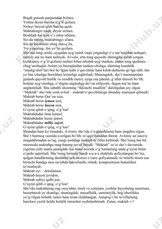 i. munavvarqori abdurashidxonov (1878-1931). abdulla avloniy – islohotchi pedagog va bolalar shoiri (1878-1934) har g‘amning poyoni bordir, har alamning oxiri, har zimistonning bahori, har xazonning oxiri. mеn a.avloniyning: “tarbiya biz uchun yo hayot, yo mamot, yo najot, yo halokat, yo saodat, yo falokat masalasidir”, - dеgan fikrini mushohada qilaman. buyuk ma'rifatparvarning u so’zlari asrimiz boshida millatimiz uchun qanchalar muhim va dolzarb bo’lgan bo’lsa, hozirgi kunda biz uchun bunchalik, balki undan ham ko’ra muhim va dolzarbdir. ” ( i.karimov) и.а.каримов xix asr oxiri xx asr boshidagi o‘zbek milliy madaniyatining atoqli ma’rifatparvarlaridan biri abdulla avloniydir. adib hayoti va ijodi sho‘ro davrida izchil o‘rganilmadi. istiqlol yillaridagina uning serqirra ijodi va faoliyatiga xolis baho berildi. natijada, abdulla avloniy ma’rifatparvar shoir va adib, islohotchi pedagog, dramaturg, o‘zbek matbuoti inkishofi, jadidchilik harakati namoyandasi, davlat va jamoat arbobi sifatida qayta tanildi. bunda, soha tadqiqotchilari, xususan, b.qosimov, n.karimov, r.barakayev kabi olimlarning hissasi kattadir. addulla avloniy arab va fors …