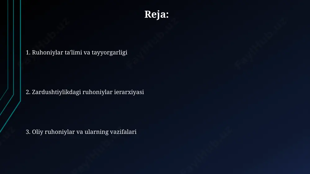 an. ularning vazifalari orasida avesto matnlarini o'qish, diniy marosimlarni o'tkazish, 3 ta muqaddas olovni saqlash va jamoatga diniy maslahat berish bor edi. zardushtiylikdagi ruhoniylar iyerarxiyasi dasturlar esa, butun mamlakat bo'ylab 200 dan ortiq herbadlarni nazorat qilib, eng oliy diniy hokimiyatga ega bo'lib, fars shahri kabi muhim diniy markazlarda joylashgan. herbadlar, o'z mintaqalarida 5 dan 10 gacha mubodlarni nazorat qilib, diniy marosimlarni o'tkazish, muqaddas matnlarni talqin qilish va jamoatni boshqarishda mas'ul bo'lishgan. dasturmehurlar: o'qituvchilar va ruhoniylar yordamchilari dasturmehurlar, 1000 yildan ortiq davom etgan an'anaga ko'ra, pars va hindiston hududlaridagi o'qituvchilarga 2 yildan 5 yilgacha yordam berishgan. taxminan 15-20 nafar o'quvchidan iborat guruhlarda, dasturmehurlar yezd yoki mumbay kabi muhim diniy markazlarda amaliy tajriba orttirishgan. e'tiboringiz uchun rahmat @taqdimot_robot image1.jpg image2.jpg image3.jpg image4.jpg image5.jpg image6.jpg image7.jpg