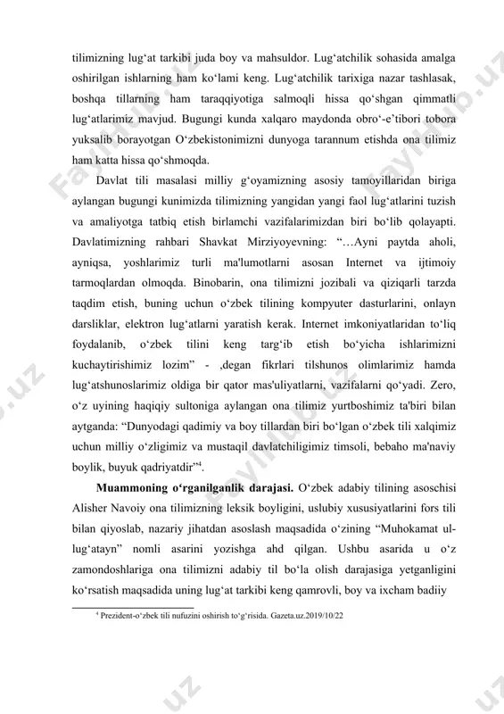 davrida o‘zbekcha muqobili bilan almashtirildi. masalan, kalendar o‘rniga taqvim, kanselariya o‘rniga devonxona, sekretar o‘rniga kotib(a), adres o‘rniga manzil, protsess o‘rniga jarayon, ekonomika o‘rniga iqtisod kabi. sharq olimlari yaratgan lug‘at va filologik asarlar o‘zbek tilshunoslari tomonidan o‘rganilib, ilmiy tavsif qilindi, ayrimlari o‘zbekchaga tarjima qilindi, nashr qilindi. s.mutallibov “devonu lug‘otit turk” asarini arabchadan o‘zbek tiliga tarjima qildi va 3 tom qilib nashr qildidi. bugungi kunda xalqaro maydonda obro‘-e’tibori tobora yuksalib borayotgan o‘zbekistonimizni dunyoga tarannum etishda ona tilimiz ham katta hissa qopshmoqda. o‘zbek tili amerika qo‘shma shtatlari, buyuk britaniya, germaniya, fransiya, shvetsiya, rossiya, ukraina, xitoy, yaponiya, janubiy koreya, hindiston, turkiya, afg‘oniston, ozarbayjon, tojikiston, qozogpiston, turkmaniston, qirg‘iziston kabi davlatlarning 60 ga yaqin universitetlari va 100 dan ziyod maktablarida o‘rganilmoqda. o‘zbek tili va adabiyoti bo‘yicha ilmiy izlanishlar olib borayotgan chet ellik olim va tadqiqotchilar soni yil sayin ko‘paymoqda. demak, “hozirgi o‘zbek tili faol so‘zlarining izohli lug‘ati” kabi lug‘atlarning yaratilishi ona tilimizning nufuzininyanadanoshiradi,no‘zbekntilini o‘rganishdagi bir qator …