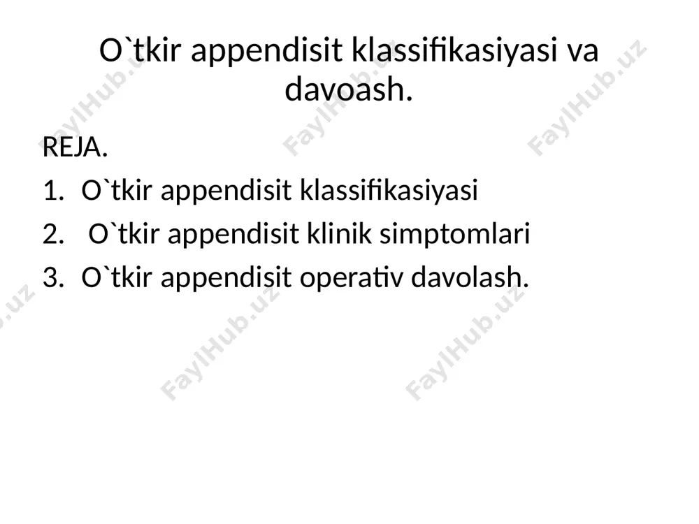 ngi qirrasiga tutashtiradigan chiziqning o`ng tomondagi qorin to`g`ri muskuli tashqi cheti bilan kesishgan joy. 2. voskresenskiy simptomi- o`ng qo`l ii-iii-iv barmaqlarining uchi bilan o`ng qovurg`alar ravog`idan pastga tamon sirg`aluvchi xarakatlar qilib borilganda qo`l chuvalchangsimon o`simta ustiga to`g`ri kelgan maxalda og`riqlar zo`rayadi. 3.obrazsov simptomi- o`ng yonbosh soxani paypaslab turib, bemorning tizza bo`gimidan rostlangan o`ng oyog`ini yuqori ko`tarishga majbur qilinsa, og`riq zo`rayadi. ostrovskiy simptomi- bemor tizz bo`g`imidan rostlangan, o`ng oyog`ini 130-1400 –c gacha ko`tarish va oyoqni shu xolatda tutib turish taklif etiladi. keyin vrach bemor oyog`ini tezlik bilan gorizontal xolatga keltiriladi- o`ng yonbosh soxada og`riq kuchayadi yoki og`riq paydo bo`ladi. sitkovskiy-ortner simptomi-bemor chap yonboshiga o`girilganda o`ng yonbosh soxasida og`riq xo`rayadi. razdol`skiy simptomi- qorinning oldingi devoriga engilgina urib ko`rilganda, o`ng yonbosh soxasidagi og`riqlar zo`rayadi. bar`tome-mixelson simptomi- bemorni chap yoni bilan yotqizib qo`yib, o`ng yonbosh soxasi paypaslab ko`rilganda og`riq zo`rayadi. shchetkin-blymberg simptomi- qorin devorini barmoqlar bilan bosib turib, undan qo`lni tez tortib olinganda kasallangan …
