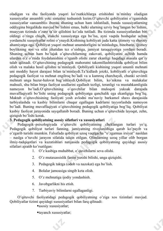 hiyatidan oqilona foydalanishni taqozo etadi. respublikamiz prezidenti i.a.karimov ta’kidlaganidek: «biz iqtisodiy o’nglanish, iqtisodiy tiklanish, iqtisodiy rivojlanishni ma’naviy o’nglash, ma’naviy poklanish, ma’naviy yuksalish harakatlari bilan tamomila uyg’un bo’lishni» - istayotgan bir davrda yashayapmiz. bu istak esa yoshlar ta’lim – tarbiyasi bilan shug’ullanayotgan kasb egalarini yuksak kasbiy tayyorgarlikka, g’oyaviy – siyosiy e’tiqodga, tashkilotchilik va boshqaruvchilik malakalariga ega bo’lish lozimligini taqozo qilmoqda. chunonchi, bu hol ta’lim tizimi va kasb-hunar ta’limi muassasalari yangilanayotgan, ta’lim - tarbiyaning mazmuni, shakli, usullari, vositalari majmuiga, o’quv – tarbiya jarayoniga o’zbekona urf – odatlar faol kirib borayotgan bir sharoitda yuz bermoqda. bu o’zgarishlar har bir o’qituvchini yangicha fikrlashga, sharqona ish yuritishga, tadbirkorlikka, ishbilarmonlikka, ma’naviy – ma’rifiy ishlarning faol ishtirokchisi bo’lishga undaydi. shuning uchun ham bugungi kunda o’tgan davrdagidan ko’proq pedagogika fani oldida yangicha fikr yuritadigan o’qituvchi - tarbiyachini tayyorlash, uning kasbiy mahorati va malakasini takomillashtirish uchun o’qitish va tarbiyalashning zamonaviy shakl, usul, vositalarini ishlab chiqish juda muhimdir. biz yuqorida …