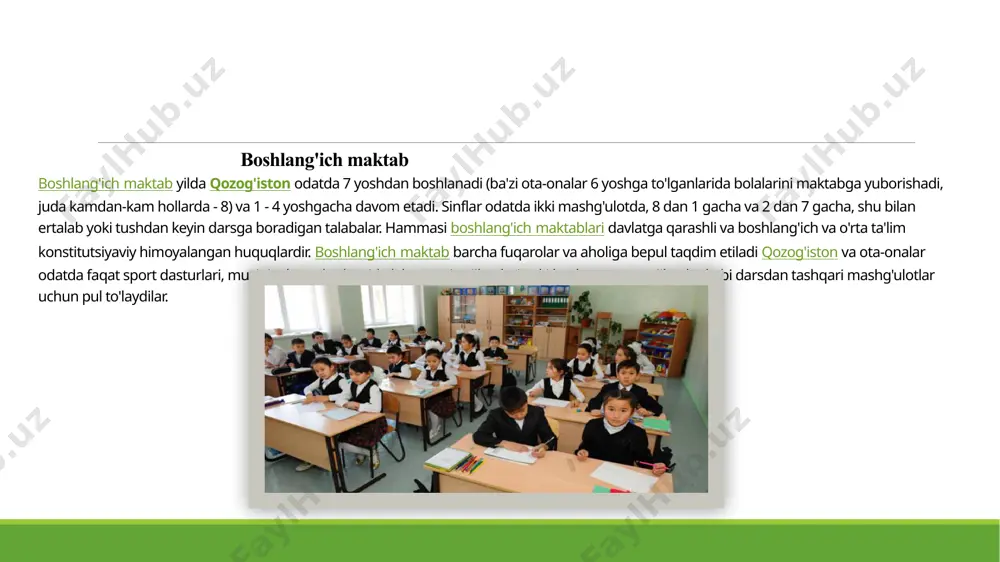 akalavrga qaraganda ancha intensiv magistr darajasi - odatda g'arbiy magistrga to'g'ri keladigan ikki yillik daraja. doktorlik darajasi - odatda besh yillik dastur universitetlarni odatda rektor boshqaradi, u qozog'iston prezidenti tomonidan tayinlanadi va u muassasa ustidan katta vakolatlarga ega bo'lib, barcha qarorlarni, shu jumladan o'quv rejasi, kadrlar va qabulga oid qarorlarni tasdiqlaydi. shunday qilib, qozog'iston universitetlari g'arbiy kasbdoshlaridan ko'ra ko'proq markazlashgan. qozog'istondagi eng yirik tadqiqot universiteti nazarboyev universiteti. yana ikkita taniqli universitetlar qozog'iston bor al-farobiy nomidagi qozoq milliy universiteti yilda olmaota va l. n. gumilyov nomidagi evroosiyo milliy universiteti nur-sultonda joylashgan. qozogʻiston yoki qozogʻiston respublikasi (qozoqcha: қазақстан, qazaqstan, қазақстан республикасы, qazaqstan respublikası) – oʻrta osiyo va sharqiy yevropada joylashgan mamlakat. ushbu davlat maʼmuriy jihatdan 17 viloyat, viloyatlar esa audan (tuman) larga boʻlinadi. poytaxti – astana shahri. bmt aʼzosi. qozogʻistonning eng yirik megapolis shaharlari olmota, astana, chimkent shaharlari hisoblanadi. undanan keyingi yirikroq shaharlari esa qaragʻandi va aqtoʻbe. qozogʻiston yer maydoni boʻyicha (2 …