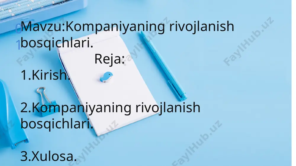 zmatni rivojlantiradi va bozorga kirish uchun kerakli resurslarni izlaydi. xususiyatlar: innovatsiya va yangi g'oyalar: kompaniya odatda yangi va innovatsion mahsulot yoki xizmatni yaratishga intiladi. moliyaviy cheklovlar: ko'pincha kompaniyaning boshlang'ich kapitali cheklangan bo'ladi, shuning uchun investorlar jalb qilinadi. raqobatbardoshlik: kompaniya bozorga yangi kirishgan bo'lsa-da, raqobatchilarga nisbatan o'zining o'ziga xos xususiyatlari va afzalliklari bo'lishi kerak. misol: yangi texnologiyalarni ishlab chiqayotgan start-up kompaniyalar, masalan, dasturiy ta'minot yoki biotexnologiya sohasida. 2018--2019 4. growth bosqichi (rivojlanish) rivojlanish bosqichida kompaniya o'z faoliyatini kengaytiradi, bozorni zabt etadi va o'zining mahsulotini yoki xizmatini ommalashtiradi. xususiyatlar: yangi bozorlar: kompaniya yangi geografik hududlarga kiradi va yangi mijozlarni jalb qiladi. kengayish: kompaniyaning xodimlari soni, mahsulotlari yoki xizmatlari ko'lamini kengaytiradi. reklama va marketing: rivojlanish davrida samarali marketing strategiyalariga tayaniladi. misol: apple kompaniyasining 2000-yillar boshidagi o'sishi, iphone va boshqa texnologik mahsulotlar orqali yangi bozorlarni zabt etish. 5. maturity bosqichi (barqarorlik)barqarorlik bosqichi kompaniya o'zining maksimal rivojlanishiga yetadi. o'sish sur'ati sekinlashadi, lekin kompaniya hali ham …