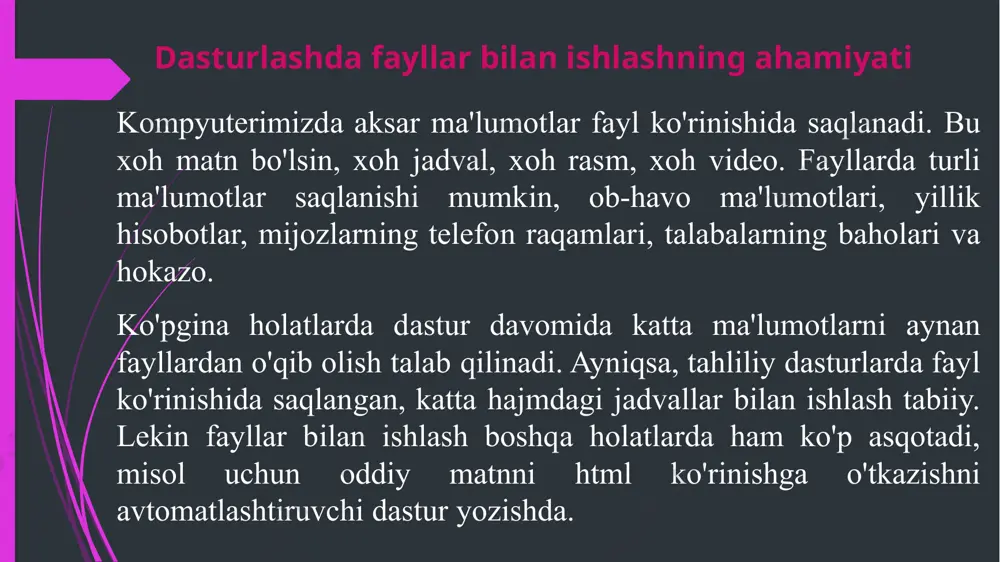 open() funksiyasiga murojat qilishda fayl nomidan tashqari yana bir argument beramiz. ikkinchi argument faylni aynan nima maqsadda ochishimizni bildiradi. argumentlar quyidagilardan iborat bo'lishi mumkin: argument qoʻllanilishi mazmuni 'w' open('file.txt','w') faylni yozish uchun ochish. fayl mavjud bo'lmasa yangi fayl yaratiladi. fayl mavjud bo'lsa tarkibi o'chib ketadi 'r' open('file.txt','r') faylni faqat o'qish uchun ochish (yozib bo'lmaydi) 'w+' open('file.txt','w+') faylni o'qish va yozish uchun ochish. fayl mavjud bo'lmasa yangi fayl yaratiladi. fayl mavjud bo'lsa tarkibi o'chib ketadi. 'r+' open('file.txt','r+') faylni o'qish va yozish uchun ochish. 'a' open('file.txt','a') faylga ma'lumot qo'shish uchun ochish. fayl mavjud bo'lmasa yangi fayl yaratiladi. 'a+' open('file.txt','a+') faylga ma'lumot qo'shish va o'qish uchun yozish. fayl mavjud bo'lmasa yangi fayl yaratiladi. yangi faylga yozish yangi faylga ma'lumot yozish uchun open() funksiyasini chaqirishda 'w' (write) argumentidan foydalanamiz. ochilgan faylga ma'lumot qo'shish uchun esa .write() metodini chaqiramiz. faylga yozayotgan ma'lumotlarimiz matn ko'rinishida bo'lishi kerak. aks holda dasturimiz xato beradi. telefon_nomerlar = [ "namozov …