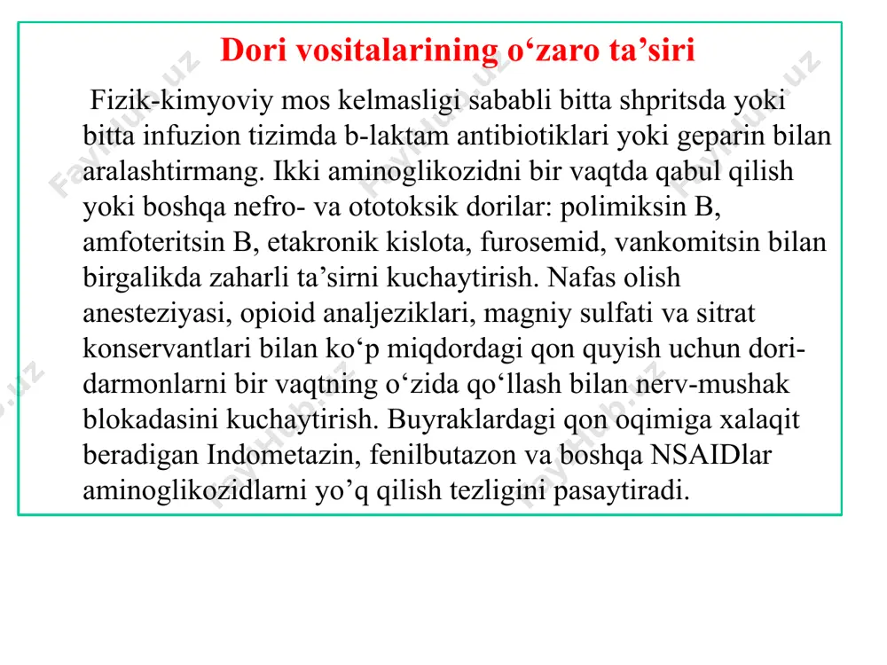mushaklari falajining rivojlanish xavfi) rifamitsin guruhi tabiiy: rifamitsin sv, rifamitsin s semisintetik: rifampitsin, rifabutin ta’sir mexanizmi bakteritsid ta’sir, rnk sintezining o‘ziga xos ingibitorlari. faoliyatning keng doirasi. rifampitsin - silga qarshi dorilar (silga qarshi) dori) birinchi qator, rifabutin - silga qarshi ikkinchi dori. gr « - » gr « + » dori vositalarining o‘zaro ta’siri rifampitsin - p-450 sitokrom tizimining mikrosomal fermentlarining induktori; ko‘plab dorilarning metabolizmini tezlashtiradi: bilvosita antikoagulyantlar, og‘iz kontratseptivlari, glyukokortikoidlar, og‘iz antidiabetik vositalar; sekisoksin, quinidin, siklosporin, xloramfenikol, doksisiklin, ketokonazol, itrakonazol, flukonazol. pirazinamid qon plazmasidagi rifampitsinning kontsentratsiyasini jigar yoki buyrak klirensiga ta’sir qilish natijasida pasaytiradi. xloramfenikol tabiiy: levomitsitin (xloramfenikol) ta’sir mexanizmi ribosomalar tomonidan oqsil sintezining buzilishi tufayli bakteriostatik ta’sir. yuqori konsentratsiyalarda u pnevmokokk, meningokokk va h. influanzae grippiga qarshi bakteritsid ta’sir ko‘rsatadi. menenjit, rikottsioz, salmonellyoz va anayerob infektsiyalarni davolashda ikkinchi darajali dori sifatida ishlatiladi. dori vositalarining o‘zaro ta’siri makrolidlar va lincosamidlarning antagonisti. temir, foliy kislotasi va b12 vitaminlari preparatlarining gematopoyezga …