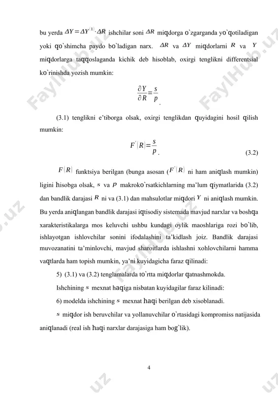bir qismi jamg`arilib boriladi: , bu yerda - mahsulotning iste’mol qilinadigan (iqtisodiyotga qaytmaydigan) qismi, esa iqtisodiy sistemaga qaytuvchi, jamg`arib boriladigan (yoki fondni tashkil qiluvchi mahsulotlar) qismini ifodalaydi. va miqdorlar o`rtasidagi munosabat quyidagi mulohazalardan aniqlanadi. miqdorga nisbatan quyidagilar faraz qilinadi: 7) ishlab chiqarilgan mahsulotning iste’mol qilinadigan qismi ishlab chiqarilgan mahsulot miqdori ning o`ziga bog`lik, ya’ni . bu yerda funktsiyasi funktsiyasiga o`xshab to`yinganlik xususiyatiga ega: ishlab chiqarilgan mahsulot miqdori kancha katta bo`lsa, iste’mol qilishga sarflanadigan qo`shimcha ishlab chiqariladigan mahsulot miqdori ning ulushi shuncha kichik bo`ladi (15.1–rasm) va katta qismi jamg`arilib boriladi. miqdor iste’mol qilishga moyillik deyiladi. , aks holda kichik miqdorda ishlab chiqarilgan mahsulotlarda ishlab chiqarilgan miqdoriga nisbatan ko`prok iste’mol talab kilinar edi. miqdor jamg`arish (yig`ish) ga moyillikni anglatadi. (3.3) fondni tashkil qiluvchi mahsulot kelgusida foyda olish maqsadida investitsiya sifatida investorlar tomonidan iqtisodiyotga kiritiladi. matematik modelda kiritilayotgan investitsiya kelgusida iste’mol uchun tashlab ko`yilgan mahsulotga ekvivalent deb hisoblaniladi va shu sababli sistemaning yana …