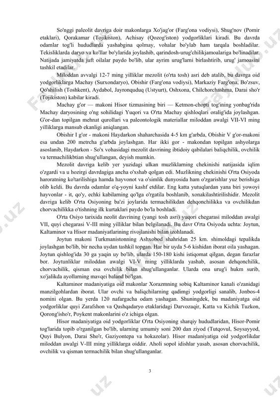 ojikiston, qirg'iziston o'rtasida tabiiy sharoit jihatidan katta tafovut mavjudligi bilan izohlash mumkin. barcha davr kishilari kabi tosh asri odamlari ham tabiiy sharoit, oziq-ovqat va xom ashyo imkoniyati yaxshi bo'lgan joylarda istiqomat qilganlar. qirg'izistonda tosh asri manzilgohlarining eng mashhurlari tosson va georgiy bugor makonlari sanaladi. shuningdek, janubiy qirg'izistondagi isfara daryosi vodiysidagi xo'jag'ayr degan joydan ham o'rta tosh asri madaniyatiga mansub manzilgoh topilgan. janubiy qozog'iston yerlaridan ham ilk tosh asriga oid makonlar bilan birga o'rta tosh asri yodgorliklari ham topib o'rganilgan. ularga qorasuv, sari arka, takali, shabakti va boshqa manzilgohlarni kiritish mumkin. o'rta paleolit davriga kelib qadimgi odamlar o'rta osiyoning keng hududlariga tarqala boshlaydilar. bu davda odamlarning turmush tarzida va mehnat qurollarida yangi unsurlar paydo bo'ladi. qurollarning turlari ko'payadi. bu davrning ijtimoiy hayotdagi eng muhim xususiyati shundaki, bu davrda ibtidoiy to'dadan urug'chilikjamoasiga o'tila boshlandi. hozirgi zamon odamlariga o'xshash odamlar paydo bo'lishi uchun zamin hozirlandi. o'rta paleolit davri o'rta osiyo hududlarida tabiiy iqlim …