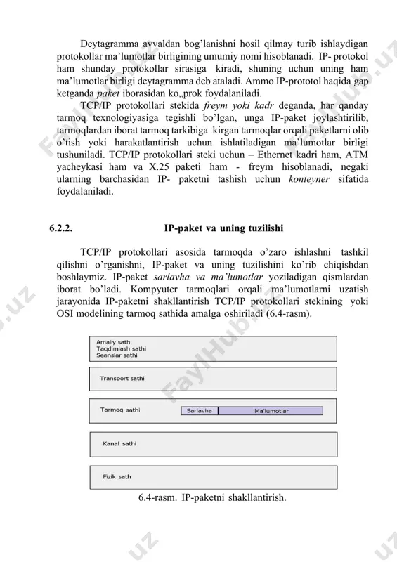da o’zaro ishlashni tashkil qilishni o’rganishni, ip-paket va uning tuzilishini ko’rib chiqishdan boshlaymiz. ip-paket sarlavha va ma’lumotlar yoziladigan qismlardan iborat bo’ladi. kompyuter tarmoqlari orqali ma’lumotlarni uzatish jarayonida ip-paketni shakllantirish tcp/ip protokollari stekining yoki osi modelining tarmoq sathida amalga oshiriladi (6.4-rasm). 6.4-rasm. ip-paketni shakllantirish. ip-paket sarlavhasining tuzilishi 6.5-rasmda keltirilgan. ip- protokolining funksional jihatdan sodda yoki murakkabligi, ip- paketning sarlavhasi qay darajada sodda yoki murakkab ekanligiga bog’liqdir. 6.5-rasm. ip-paket sarlavhasining tuzilishi. ma’lumotlarni tarmoq orqali uzatish davomida, ko’p vaqt, paket sarlavhasiga joylashtirilgan axborotni ishlash uchun sarf bo’ladi. ip- paketning sarlavhasini tashkil etuvchi qismlarini o’rganish bilan biz, uning tuzilishi haqidagi bilimlar bilan birga, ip-protokolining asosiy vazifalari bilan ham tanishib boramiz. quyida ip-paket sarlavhasini tashkil etuvchi qismlari va ularni nima uchun mo’ljallanganliklari haqidagi ma’lumotlar keltirilgan: versiya raqami (номер версии) – uzunligi 4 bit. ip-protokolining qaysi versiyasi ekanligini bildiradigan qismi. hozirda ip-protokolning 4 versiyasi - ipv4 dan foydalanilmoqda. ushbu protokolning yangi versiyasi ipv6 hisoblanadi. ip-paket sarlavhasining …
