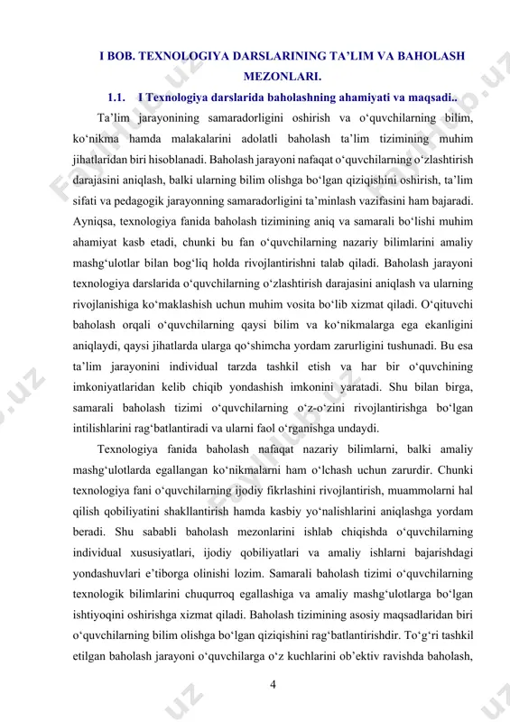 test sinovlari, amaliy ishlarni baholash kabi usullar o‘quvchilarning bilim va ko‘nikmalarini o‘lchashda keng qo‘llaniladi. biroq zamonaviy ta’lim tizimida baholashning yangi usullari ham qo‘llanilib, ular o‘quvchilarning mustaqil ishlash, ijodiy yondashish va muammolarni hal qilish qobiliyatlarini rivojlantirishga qaratilgan. masalan, loyiha ishi, portfoliolarga asoslangan baholash, o‘z-o‘zini baholash va hamkorlikda baholash kabi usullar texnologiya darslarida samarali qo‘llanilishi mumkin. loyiha asosida baholash usuli o‘quvchilarning nazariy bilimlarini amaliy qo‘llashiga imkon yaratadi. o‘quvchilar ma’lum bir mavzu bo‘yicha loyihalar tayyorlash orqali nafaqat bilimlarini mustahkamlash, balki jamoaviy ishlash, muammolarni hal qilish va ijodiy fikrlash qobiliyatlarini ham rivojlantiradilar. bu usul orqali o‘qituvchi o‘quvchilarning ijodiy yondashuvlarini kuzatishi, ularning mustaqil ishlash qobiliyatini baholashi va kamchiliklarni aniqlab, ularni bartaraf etish chora-tadbirlarini ishlab chiqishi mumkin. portfolioga asoslangan baholash usuli esa o‘quvchilarning dars davomida amalga oshirgan barcha ishlari, loyihalari, amaliy mashg‘ulotlari va yutuqlarini jamlab, ularning rivojlanish jarayonini baholash imkonini beradi. bu usul orqali o‘quvchilarning ma’lum bir davrdagi o‘zgarishlari, takomillashish darajasi va mustaqil ishlash qobiliyatlari aniq …