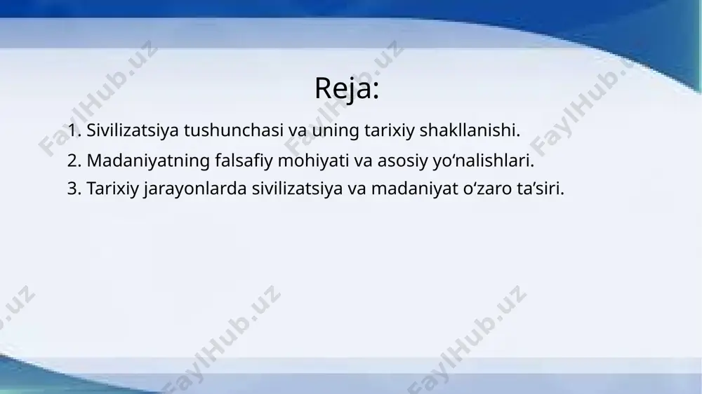 ‘z ichiga oladi. u nafaqat san’at va ilm-fanning yuksalishi, balki insoniyatning o‘zini anglash, jamiyatdagi o‘rni va maqsadini tushunish jarayonida paydo bo‘lgan qadriyatlar tizimidir. madaniyat falsafasi inson hayotining maqsadi, ahamiyati va muammolarini o‘rganadi, uning asosiy masalalaridan biri — insonning o‘zligi, erkinligi, axloqi va ijtimoiy munosabatlardagi roli. madaniyatning falsafiy mohiyati insoniyatning ma'naviy, axloqiy va intellektual taraqqiyoti bilan chambarchas bog‘liqdir. u insonning o‘zligini anglash, axloqiy qadriyatlarni shakllantirish, dunyo va o‘z-o‘ziga munosabatini tushunish jarayonida paydo bo‘lgan g‘oyalar va tizimlar yig‘indisidir. madaniyat falsafasi jamiyatda shakllangan axloqiy, estetik, ilmiy va ijtimoiy qadriyatlar asosida insonning dunyoqarashini, turmush tarzini va o‘z o‘rnini belgilaydi. u, shuningdek, insoniyatning o‘ziga xos faoliyatini, san'atni, ilm-fanni va boshqa ma'naviy qadriyatlarni tushunishga xizmat qiladi. madaniyatning falsafiy mohiyati shundaki, u har bir insonning ma'naviy taraqqiyotiga, uning jamiyatda qanday o‘zgarishlar va rivojlanishlarni amalga oshirishiga ta'sir etadi. madaniyatning asosiy yo‘nalishlari bir-biriga bog‘liq va ular insoniyatning turli sohalardagi rivojlanishiga ta'sir ko‘rsatadi. bularning ichida estetik qadriyatlar, go‘zallik, san’at va …