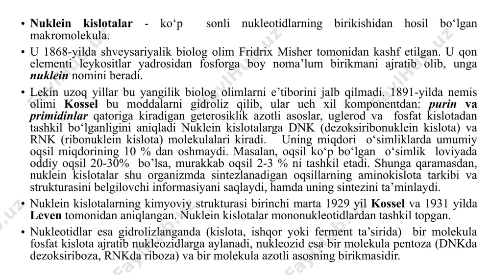 ayrim usuli –sitoximiya yordamida va klassik genetikada xromosoma nazariyasi o‘rnatilishi bilan to‘plana borib, bu yo‘nalishda 1940-yillarda ulug‘ kashfiyotga olib keldi. mana shu yillar ingliz olimi fred griffits pnevmokokklarning kasallik qo‘zg‘atmaydigan turi hujayralarni ularning kasallik qo‘zg‘atadigan, lekin qaynatish yo‘li bilan o‘ldirilgan, ya’ni kasallik qo‘zg‘atish qobiliyatini yo‘qotgan hujayralari bilan qo‘shib kalamush tanasiga kirg‘izilsa, kasallik paydo bo‘lishini kuzatdi. bu tajriba bakteriyaning bir turiga xos xususiyat (kasallikni qo‘zg‘atish) uning nobud qilingan hujayrasidan ikkinchi turiga o‘tib, uning tirik hujayralarni o‘zgartirishini tasdiqladi. bu hodisa mikroblar transformatsiyasi deb atalib, nobud qilingan hujayrada tirik hujayrani o‘zgartira oladigan qandaydir omil (transformatsiya chaqiruvchi faktor) mavjud degan xulosa tug‘ilishiga sabab bo‘ladi. bu faraz keng tadqiqot qilinib kelsa ham, transformirlovchi agentning ximiyaviy tabiati deyarli yana 10 yilgacha noma’lum bo‘lib qoldi. faraz etilgan faktorni tozalash va uning ximiyaviy tabiatini aniqlash ustida olib borilgan tadqiqotlar 1944 yil ulug‘ kashfiyotga olib keldi.mana shu yili amerikalik olim everi o‘zining kasbdoshlari mak leod va mak kartilar bilan …