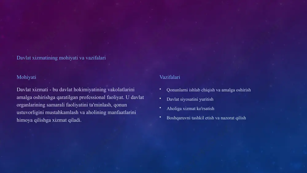 a'muriy ma'muriy davlat xizmatchilari - bu davlat organlarining kundalik faoliyatini ta'minlaydigan professional xodimlar. ular qonunlarni amalga oshirish, aholiga xizmat ko'rsatish va boshqaruvni tashkil etish bilan shug'ullanadilar. maxsus maxsus davlat xizmati - bu huquqni muhofaza qilish organlari, harbiy tuzilmalar va boshqa maxsus vazifalarni bajaradigan xodimlarning faoliyati. 4 davlat xizmatiga kirish tartibi talablar davlat xizmatiga kirish uchun nomzodlar muayyan talablarga javob berishlari kerak. bularga ma'lumot, malaka, tajriba va boshqalar kiradi. tanlov davlat xizmatiga tanlov asosida qabul qilinadi. tanlov turli bosqichlardan iborat bo'lishi mumkin: hujjatlarni topshirish, test sinovlari, suhbat va boshqalar. qabul tanlovdan muvaffaqiyatli o'tgan nomzodlar davlat xizmatiga qabul qilinadi va lavozimga tayinlanadi. 5 davlat xizmatini o'tash shartlari mehnat sharoitlari davlat xizmatchilariga munosib mehnat sharoitlari ta'minlanishi kerak. bularga xavfsizlik, gigiena, ergonomika va boshqalar kiradi. ish vaqti davlat xizmatchilarining ish vaqti qonun hujjatlarida belgilangan tartibda belgilanadi. dam olish davlat xizmatchilari dam olish huquqiga ega. bularga tanaffuslar, dam olish kunlari, ta'tillar va boshqalar kiradi. 6 …