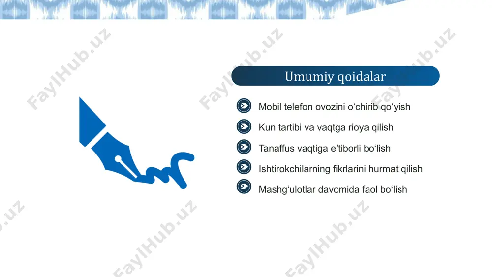o‘rinishi oddiy, ammo ichida butun bir madaniyat, tarix va donolik yashiringan. do‘stim — do‘ppi kabi, boshingni quyoshdan asraydi, yomg‘irdan himoya qiladi, yuragingga iliqlik bag‘ishlaydi. bolaligim — do‘ppi kabi, yillar o‘tsa ham boshimda yaltirab turgan qadrli xotira. to‘siqlarni qanday bartaraf etdik? o‘quvchilar yaxshi ko‘radigan narsalarning ehtimoliy ro‘xati t taqdim etildi o‘quvchilar uchun tanlov imkoniyatlari yaratildi chap qo‘l bilan yozadiganlar uchun mo‘ljallangan partalar va boshqa ish joylari qo‘shildi; “do‘ppi” nima ekanini bilmaydiganlar uchun bilim olish usullari kiritildi metaforalar yaratishning bir nechta usullari o‘qitiladi kirish so‘zlar, birikmalar va gaplar taqdim etildi 14 har bir o‘quvchiga dars mazmuni yetib borishi uchun turli va qulay usullardan foydalanish kerak. dars “o‘rtacha” o‘quvchi uchun rejalashtirilsa, qolgan barcha o‘quvchilar qolib ketadi 15 o‘quvchilarning xilma-xilligini inobatga olib rejalashtirish feruza miyaning asosiy uchta neyron tarmog‘i jalb etish tarmog‘i taqdim etish tarmog‘i faoliyat va ifoda etish tarmog‘i miyaning “nega o‘rganaman?” o‘rganaman degan savolga javob beradigan tizimi miyaning “nimani o‘rganaman?” degan savolga …