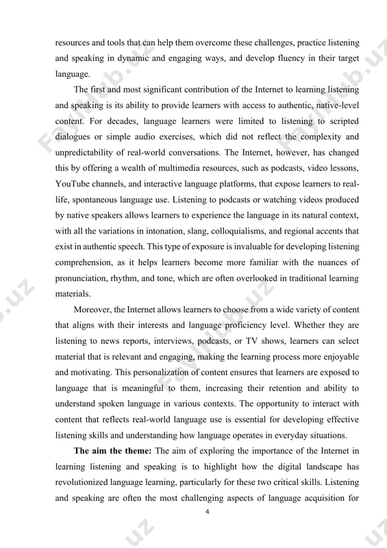 ernet facilitates access to vast, diverse, and authentic language environments. learners are no longer limited to static resources (like textbooks) but can engage in dynamic, authentic conversations through platforms like video chats, language exchange apps, and online discussions. the theoretical and practical value: the theoretical value of the internet in the context of learning listening and speaking lies in how it reshapes the foundational theories and models of language acquisition. traditionally, language learning theories such as behaviorism, nativism, interactionism, and sociocultural theory have been the main frameworks through which educators have understood the process of learning a language. the integration of the internet as a learning tool brings a new perspective to these theories, offering empirical insights that reinforce or challenge existing paradigms in several key ways. used literature presidential decrees, decisions, and works 1. on may 6, 2021, under the chairmanship of president shavkat mirziyoyev, the system of teaching …