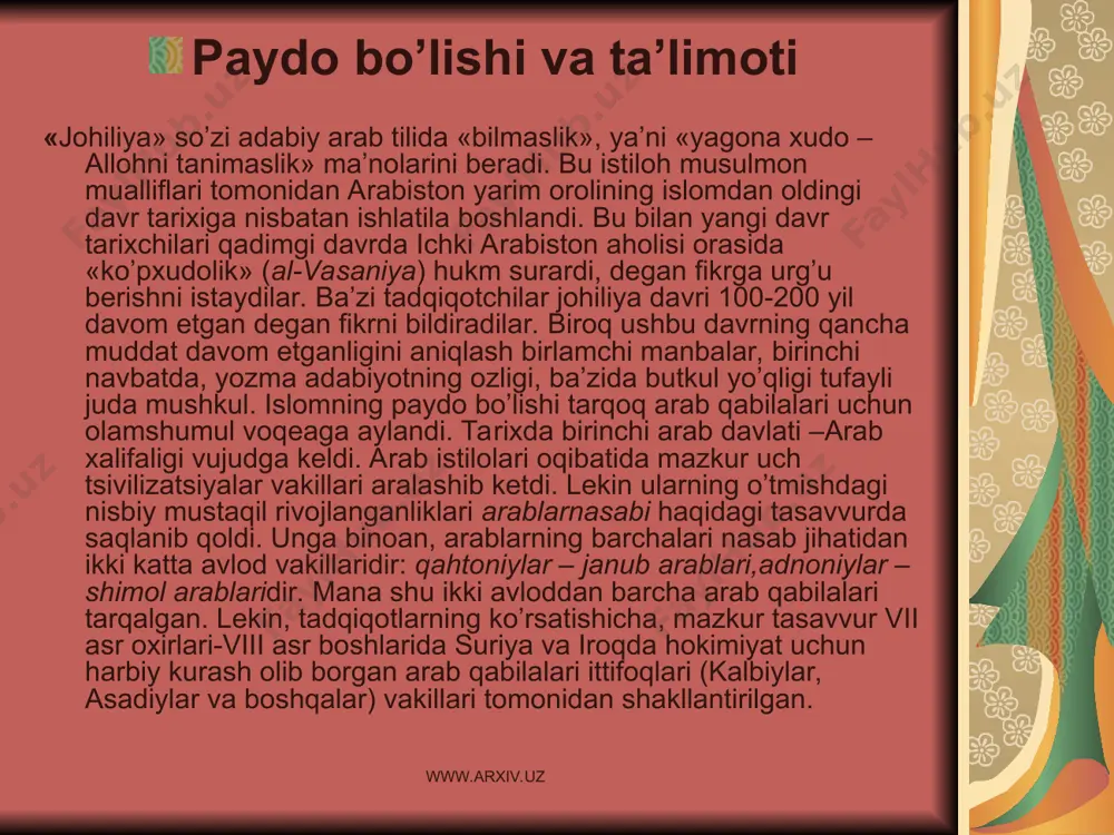 vakillari tomonidan shakllantirilgan. www.arxiv.uz www.arxiv.uz arabistonda har xil xudolarning timsoli – sanamlar kulьti bir vaqtda paytda paydo bo’lgan emas, albatta. ular uzoq vaqt shakllanganlar. biroq, keyingi davr islom tarixchilarning xabar berishlariga qaraganda, arabistonga dastavval sanam keltirgan va unga ibodat qilishni targ’ib qilgan shaxs amr ibn luhay ismli kishi bo’lgan. rivoyatga ko’ra, u shomga tijorat maqsadida tez-tez safar qilib turar edi. amr ibn luhay ba’zi shomliklar odatlaridan qattiq ta’sirlanib, ularning butlaridan birini makkaga olib kelgan. keyinchalik butlarga sig’inish arablar orasida keng tarqalib ketgan. harqalay, but-sanamlarga sig’inish – dinning yangi bosqichi bo’lgan. ibn al-kalbiyning (v. 763 y.) «kitob al-asnom» asarida ta’kidlanishicha, mil. av. viii asrdayoq har bir arab qabilasi o’z sanamiga ega edi. tez-tez bo’lib turadigan qabilalararo urushlardan so’ng, odatda, mag’lub qabila g’olib qabila sanamiga sig’ina boshlardi. ba’zida g’olib qabila mag’lub qabilaning sanamini ham o’z sanamlari safiga qabul qilishi mumkin edi. arabistonning turli yerlarida muayyan sanamlarning qarorgohi mavjud bo’lib, ular ziyoratgohlar sifatida …