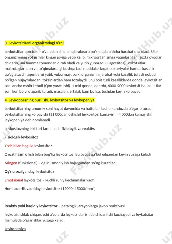 tufayli nobud boʻlgan hujayralardan, toksinlardan ham tozalaydi. shu bois turli kasalliklarda qonda leykotsitlar soni ancha oshib ketadi (qon yaratilishi). 1 mkl qonda, odatda, 4000-9000 leykotsit boʻladi. ular soni kun boʻyi oʻzgarib turadi, masalan, ertalab kam boʻlsa, tushdan keyin koʻpayadi. 4. leykopoezning buzilishi, leykotsitoz va leykopeniya leykotsitlarning umumiy soni hayot davomida va hatto bir kecha-kunduzda oʻzgarib turadi. leykotsitlarning koʻpayishi (11 000dan oshishi) leykositoz, kamayishi (4 000dan kamayishi) leykopeniya deb nomlanadi. leykositozning ikki turi farqlanadi: fiziologik va reaktiv. fiziologik leykositoz yosh bilan bogʻliq leykotsitoz. ovqat hazm qilish bilan bogʻliq leykotsitoz. bu ovqat qaʼbul qilgandan keyin yuzaga keladi miogen (funksional) – ogʻir jismoniy ish bajargandan soʻng kuzatiladi ogʻriq sezilgandagi leykotsitoz emotsional leykotsitoz – kuchli ruhiy kechinmalar vaqti homiladorlik vaqtidagi leykotsitoz (12000- 15000/mm³) reaktiv yoki haqiqiy leykotsitoz – patalogik jarayonlarga javob reaksiyasi leykotsit ishlab chiqaruvchi aʼzolarda leykotsitlar ishlab chiqarilishi kuchayadi va leykotsitar formulada oʻzgarishlar yuzaga keladi. leykopeniya leykotsitlar sonining kamayishi bilan birga ularning faolligi …