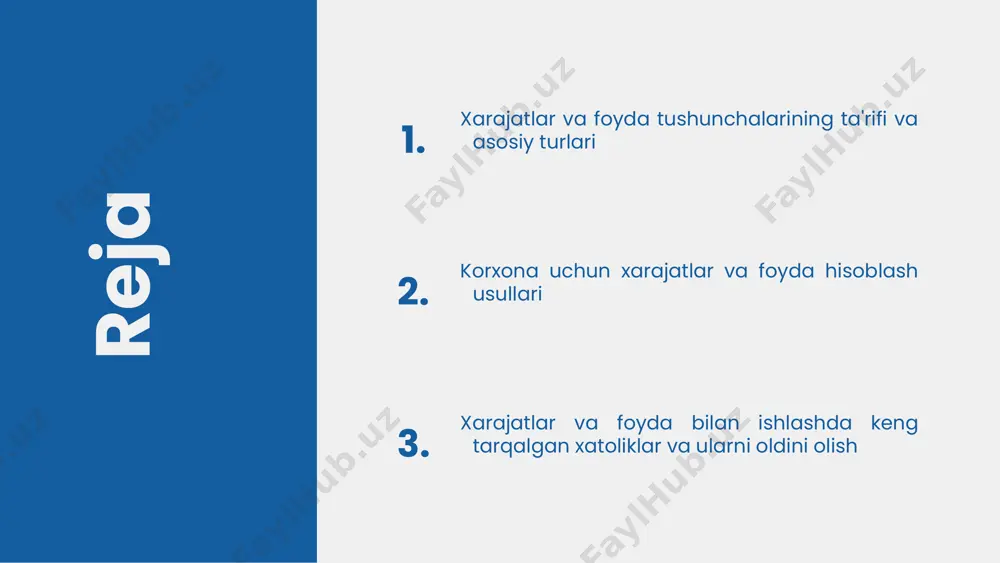 usullari: to'g'ridan-to'g'ri xarajatlar, o'zgaruvchan xarajatlar, doimiy xarajatlar va o'rtacha xarajatlar. bu usullar xarajatlar strukturasi va qaror qabul qilishda muhim rol o'ynaydi. har bir usulning afzalliklari va kamchiliklari mavjud. masalan, to'g'ridan-to'g'ri xarajatlar aniqlashda qulay, ammo umumiy xarajatlarni hisoblashda cheklovlar bor. o'zgaruvchan xarajatlar ishlab chiqarish hajmiga bog'liq, doimiy xarajatlar esa vaqt davomida o'zgarmaydi. misollar bilan tushuntirish: bir korxona uchun ishlab chiqarish hajmi oshgan sayin o'zgaruvchan xarajatlar ham oshadi, doimiy xarajatlar esa o'zgarmas. bu usullarni to'g'ri tanlash xarajatlarni boshqarishda yordam beradi. foyda hisoblash usullari foyda hisoblashning asosiy usullari: umumiy foyda, operatsion foyda va sof foyda. - umumiy foyda: daromadlar va xarajatlar farqi, asosiy mahsulot yoki xizmatdan olingan daromadlarni ko'rsatadi. - operatsion foyda: asosiy faoliyatdan olingan foyda, operatsion xarajatlar hisobga olinadi. - sof foyda: soliq va moliyaviy xarajatlar chiqarilgandan keyin qolgan foyda. har bir usul korxona faoliyatining turli jihatlarini tahlil qilishda muhim. foyda hisoblashda xarajatlarning to‘liqligi, daromadlarning aniqligi va soliq siyosatiga e'tibor berish zarur. …
