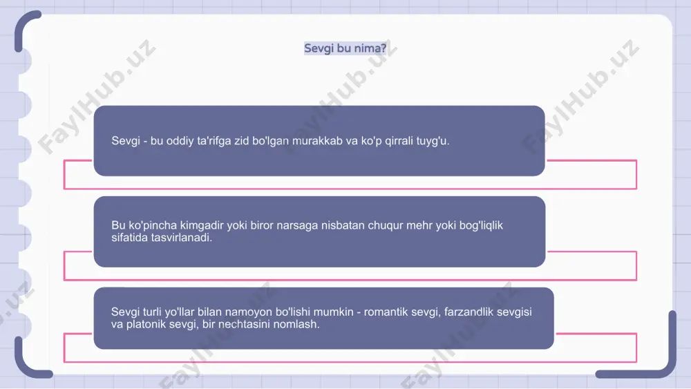 z ichiga oladi. bu ko'pincha ikki shaxs o'rtasidagi chuqur bog'liqlik va ishqiy munosabatlar bilan bog'liq. sevgi, shuningdek, boshqalarga nisbatan kengroq rahm-shafqat va g'amxo'rlik tuyg'usini ham anglatishi mumkin. sevgi va hissiyotlar sevgi murakkab tuyg'u bo'lib, ko'pincha chuqur mehr va kuchli jalb qilish hissi bilan bog'liq. u odamlarni birlashtirib, vaqt va masofadan oshib ketadigan rishtalarni yaratishi mumkin. sevgi ishqiy munosabatlar bilan chegaralanib qolmaydi, balki oila a'zolari, do'stlari va hatto uy hayvonlariga nisbatan ham his etilishi mumkin. bu odamlar hayotiga baxt va quvonch keltira oladigan qudratli kuchdir. biroq, sevgi og'riq va yurak og'rig'ini ham keltirishi mumkin. bu odamlarni zaif holga keltirishi va jarohat olish ehtimolini ochishi mumkin. xatarlarga qaramay, sevgi inson tajribasining asosiy qismidir va shaxsiy o'sish va baxt uchun zarurdir. 1 2 3 sevgi va baxt sevgi - bu chuqur mehr tuyg'usi va u buni boshdan kechirganlarga baxt keltiradi. sevgi insonning hayotiga quvonch va mamnuniyat keltirishi mumkin va bu umumiy farovonlik uchun …