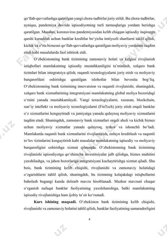 atsiya va innovatsion texnologiyalarni joriy etish jarayonlarini o‘rganish. · o‘zbekiston bank tizimining iqtisodiy barqarorlikka ta’sirini va kichik hamda o‘rta biznesni qo‘llab-quvvatlashdagi rolini baholash. · bank tizimining xalqaro moliyaviy bozorga integratsiyasi va uning o‘zaro hamkorligini tahlil qilish. · o‘zbekiston bank tizimining rivojlanish istiqbollarini va kelajakdagi imkoniyatlarini aniqlash. kurs ishining predmeti. o‘zbekiston bank tizimining kelib chiqishi, rivojlanish jarayonlari, amalga oshirilgan islohotlar, raqamli texnologiyalarni joriy etish va bank tizimining xalqaro moliyaviy bozorga integratsiyasiga oid masalalar. kurs ishining obyekti. o‘zbekiston bank tizimi va uning rivojlanish jarayonlari, banklarning moliyaviy faoliyati, amalga oshirilayotgan islohotlar, raqamli texnologiyalarni joriy etish va xalqaro moliyaviy bozorga integratsiya qilish. kurs ishining tuzilishi: kirish, 2 ta bob, umumiy xulosa va foydalanilgan adabiyotlar ro‘yxatidan iborat. i-bob. banklarning kelib chiqishi 1.1. banklarning tarixiy rivojlanishi bank — bu aholi va tashkilotlardan pul mablag‘larini qabul qilish, ularni saqlash va himoya qilishni ta’minlash, shuningdek kreditlar va boshqa moliyaviy xizmatlarni taqdim etish bilan shug‘ullanadigan moliyaviy muassasa. banklar moliya …