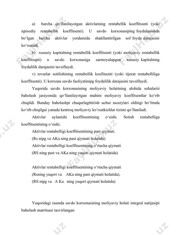 . -daromadga ko‘ra % hisobidagi o‘rtacha stavka; -summasi; 3. tovarlar sotilishidan olingan sof daromad -summasi; -tovarlar sotilishining hajmiga ko‘ra % hisobidagi darajasi 4. aylanish chegirtmalari-jami -summasi; -tovarlar sotilishining hajmiga ko‘ra % hisobidagi darajasi. shu bilan birga: doimiy-summasi o‘zgaruvchan-summasi-% hisobidagi darajasi 5. tovarlar sotilishdan olingan balans foyda -summasi; -tovarlar sotilishining hajmiga ko‘ra% hisobidagi darajasi 6. foyda hisobidan to‘lanadigan soliq to‘lovlari. -balans foydaga ko‘ra% hisobidagi o‘rtacha stavka; -summasi. 7. tovarlar sotilishidan olingan sof foyda -summasi; -tovarlar sotilishining hajmiga ko‘ra % hisobidagi darajasi pul mablag‘larining tushimi va sarflanishi rejasining tahliliy shakli ko‘rsatkichlar i chora* p ^lar iii iv yil yakuni 1. davr boshidagi pul mablag‘lari-ning qolidig‘i 2. pul mablag‘larining tushimi -ta’minlash jumladan: a) tovarlarpi sotish hisobidan; b) o‘tgan davr debitorlik qarzini inkossatsiya qilish hisobidan. 3. pul sarflanishini ta’minlash shu jumladan: a) tovarlar, mollar, arzon va tez eskiruvchi buyumlarni sotib olishga; b) aylanma chegartmalari (ammorti-zatsiya ajratmalaridan tashqari) tarkibiga kiruvchi joriy harajatlarga; v) daromad va …