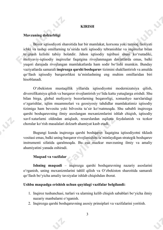 lublarni tahlil qilish. 4. jahon amaliyotida inqirozga qarshi boshqaruv tajribasini o‘rganish va ularni o‘zbekiston sharoitiga moslashtirish imkoniyatlarini aniqlash. 5. o‘zbekistonda so‘nggi yillarda amalga oshirilgan inqirozga qarshi chora-tadbirlarni baholash. 6. inqirozga qarshi boshqaruv samaradorligini oshirish bo‘yicha taklif va tavsiyalar ishlab chiqish. tadqiqot ob’ekti va predmeti tadqiqot – inqirozga qarshi boshqaruv jarayonlari, ularning tashkil etilishi va amaliyotda qo‘llanilishi. tadqiqot predmeti – iqtisodiy tizimda inqirozlarni oldini olish, yumshatish va bartaraf etish , ularni o‘zbekiston sharoitida samarali qo‘llash bo‘yicha boshqaruv vositalari va uslublari. tadqiqot uslublari ushbu kurs ishida quyidagi ilmiy tadqiqot uslublaridan foydalanildi: · tahlil va sintez – mavjud nazariy va amaliy ma’lumotlarni umumlashtirish va xulosalar chiqarish. · qiyosiy tahlil – jahon va o‘zbekiston tajribasini solishtirish orqali umumiy va farqli jihatlarni aniqlash. · statistik tahlil – iqtisodiy ko‘rsatkichlarni hisoblash, tahlil qilish va ularning dinamikasini baholash. · tarixiy yondashuv – inqirozga qarshi boshqaruv shakllarining tarixiy rivojlanishini o‘rganish. · ekspert baholash – mutaxassislar fikrlari asosida samarali …
