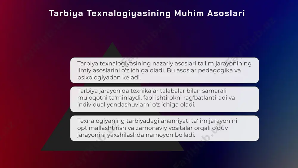 hilarning tayyorgarligiga bog'liq. agar o'qituvchi texnologiyalardan to'g'ri foydalanmasa, bu ta'lim sifatini pasaytirishi mumkin. yangi texnologiyalar yangi texnologiyalar, masalan, sun'iy intellekt va virtual haqiqat, ta'lim jarayonini yanada rivojlantirish uchun katta imkoniyatlar yaratmoqda. bu yangi yondashuvlar ta'lim sifatini oshirishga yordam beradi. raqobat va yangiliklar tarbiya texnalogiyalarida raqobat kuchli. boshqa ta'lim muassasalari yoki texnologiyalar tez rivojlanmoqda, bu esa o'qituvchilarning va ta'lim muassasalarining moslashuvchanligini talab qiladi. s o w t tarbiya texnalogiyalarining kelajakdagi rivoji kelajakda tarbiya texnalogiyalari yangi imkoniyatlar va innovatsion yondashuvlar bilan mustahkamlanadi. ta'lim jarayonida sun'iy intellekt va virtual haqiqat texnologiyalari keng qo'llaniladi. yangi tendensiyalar orasida o'z-o'zini o'rganish va individual ta'lim dasturlari rivojlanadi, bu esa talabalar uchun moslashtirilgan ta'limni ta'minlaydi. bundan tashqari, global tarmoqlar orqali ta'lim olish imkoniyatlari kengayadi, bu esa ta'limga bo'lgan talabni oshiradi va ta'lim resurslarining samaradorligini oshiradi. natijada, kelajakda tarbiya texnalogiyalari ta'limning sifatini oshirish va o'quvchilarning o'zlashtirish darajasini kuchaytirish uchun muhim rol o'ynaydi. tarbiya texnalogiyalarining kelajakdagi rivoji, ta'lim jarayoniga zamonaviy …