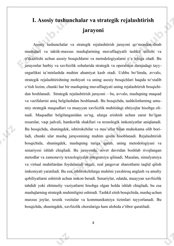 nlash uchun muhim ahamiyatga ega bo‘lib, ularning asosiy maqsadi — tashkilotlarning tayyorligini oshirish, kommunikatsiya tizimlarini sinovdan oʻtkazish, va qaror qabul qilish mexanizmlarini rivojlantirishdir. tashkil etish bosqichida, avvalo, mashqlarning maqsadlari va vazifalari aniq belgilanishi lozim. bu bosqichda harbiy yoki xavfsizlik tashkilotlarining strukturalari, mavjud resurslar va sharoitlar hisobga olinadi. mavjud imkoniyatlar va ehtiyojlar asosida, reja ishlab chiqiladi va oʻquvlarning kontentlari aniqlanadi. tashkilotchilar, shuningdek, mashqlar uchun joylar, texnik vositalar, kommunikatsiya tizimlari va xavfsizlik choralari bilan ta’minlaydi. bu bosqichda, shuningdek, oʻquvchilarning tayyorgarligi va ishtirokchilar tarkibi belgilab olinadi. oʻtkazish bosqichida, tayyorlangan reja va senariyolar asosida, mashqlar oʻtkaziladi. bu jarayonda, real sharoitlar va muhit yaratish uchun maxsus joylar va texnik vositalar ishlatiladi. ishtirokchilar oʻz vazifalarini bajaradilar, strategik muhim qarorlar qabul qiladilar va oʻzaro hamkorlikda faoliyat koʻrsatadilar. kommunikatsiya tizimlarining ishlashiga alohida e’tibor qaratiladi, chunki bu, ayniqsa, muhim strategik va operatsion muhokamalar uchun muhimdir. mashqlar davomida, muayyan vazifalar va senariyolar asosida, har bir ishtirokchi oʻz vazifasini bajarishga harakat …