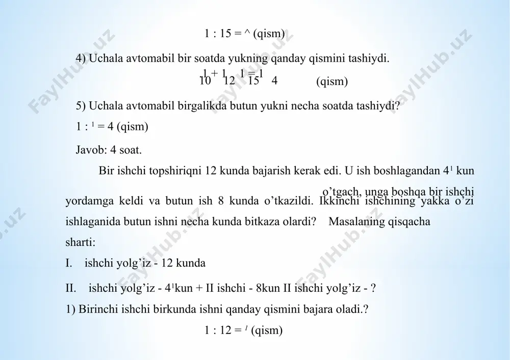 ko’ylak narxi aniqlanadi, keyin karralab bo’lish orqali 350 so’mga olinadigan shunday ko’ylaklar soni aniqlanadi. 1. bitta balalar ko’ylagi necha so’m? 210 : 3 =70 so’m 2. 350 so’mga shunday ko’ylaklardan nechta xarid kilish mumkin? 350 : 70 = 5 (ko’ylak) javob: 5 ta ko’ylak. 1) masala: 3 ta bolalar ko’ylagiga 210 so’m to’landi. 12 ta ko’ylaklarga necha so’m to’lanadi. bu masalani yechish ustida fikr yuritganda, mulohazani quyidagicha yuritgan maqsadga muvofiqdir. olish kerak bo’lgan ko’ylaklar olingan, ko’ylaklarning karralisi hisoblanadi. yahni u karralisidir. 1) 12 ta kuylak 3ta ko’ylakdan necha marta ortiq. 12 : 3 = 4 (4 marta) 2) 12 ta shunday ko’ylaklarga necha so’m to’langan. 210 * 4 840 so’m masala - 8 ta bolalar ko’ylagiga 16 so’m to’landi. 4 ta xuddi shunday ko’ylakka necha so’m to’lanadi. bu masalani yechish uchun ham nisbat usuli qulaydir. 4ta ko’ylak, oldin sotib olingan, 8ta ko’ylakdan 2karra oz. shu sababli unga yo’lanadigan pul ham …