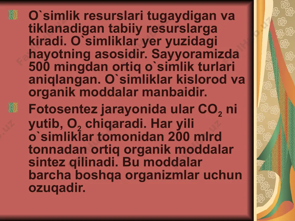 va yo`nalishiga, hayvonlarning hayotiga katta ta’sir etadi. o`simliklar jamiyati uchun behisob oziq-ovqat, homashyo, dori-darmon, qurilish materiallari va boshqa sohalarning asosiy manbaidir. o`simliklardan har xil kiyim bosh, ichimliklar tayyorlash uchun shuningdek chorva mollari uchun asosiy ozuqa manbai bo`lib hisoblanadi. insonlarga zavq-shavq beradigan estetik lazzat sifatida ham ahamiyatga egadir. yer sharida mavjud bo`lgan 500 ming o`simlik turining 6 ming turidan inson kundalik hayotida foydalanadi. o`zbekistonda 4148 tur o`simlik mavjud bo`lib, shundan 577 tasi dorivor o`simliklar, 103 turi bo`yoqdor o`simliklar, 560 turi efir moyli o`simliklar hisoblanadi. tabiatni, uning boyliklarini, muhofaza qilish qadimdan ma’lum. tarixiy qo`lyozmalar, toshdagi bitiklar va eng muhim ko`rsatma va qoidalar, musulmonlarning “qur’on karim” tabarruk kitobida va boshqa diniy kitoblar – injil, tavrot, zaburda ham qayd qilingan. dunyoning hamma davlatlarida tabiatni, uning suvi, tuprog`i, havosi, o`simlik va hayvonini muhofaza qilish bo`yicha qonun va qoidalar bor. o`zbekiston respublikasi 9.12.1997 yil: “tabiatni muhofaza qilish” qonunini qabul qildi. adabiyotlar: 1. axmatqulov, ergashev, “umumiy ekologiya” …