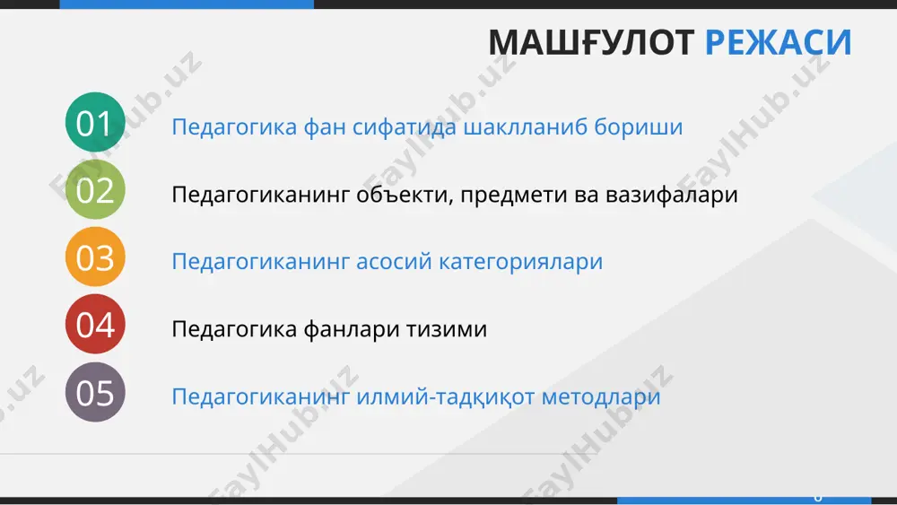 аниш; прогностик босқич: педагог фаолиятини илмий тадқиқотлар орқали ўрганиш асосида бу фаолиятни ўзгартириш моделини қуриш. your company www.yourcomapny.com your logo . . технологик функция босқичлари- проектив (лойиҳавий) босқич: назарий концепциялар, педагогик фаолиятлар режаси, унинг мазмуни ва характерини аниқловчи методик материалларни (ўқув режаси, дастурлар, дарсликлар, ўқув қўлланмалар ва педагогик тавсиялар) ишлаб чиқиш билан боғлиқ; ўзгартирувчи босқич: таълим ва тарбиянинг самарали педагогик тизимлари ва технологияларини яратиш, педагогик амалиётни такомиллаштириш, уни қайта ишлаш ва янгилаш, илм-фан ютуқларини таълим амалиётига жорий этишга қаратилган; рефлексив ва коррекцияловчи босқич: илмий изланишлар натижаларининг таълим ва тарбиянинг амалиётга таъсирини баҳолаш ва илмий назарий ва амалий фаолиятнинг бундан кейинги коррекциясини кўзда тутади. your company www.yourcomapny.com your logo . . категория- фаннинг моҳиятини очиб берувчи энг муҳим, асосий тушунча. педагогика фанининг асосий категориялари шахс камолотини таъминлаш, таълим ва тарбия фаолиятига қаратилган жараёнларнинг умумий моҳиятини ёритади your company www.yourcomapny.com your logo . . педагогика фанининг асосий категориялари your company www.yourcomapny.com your …