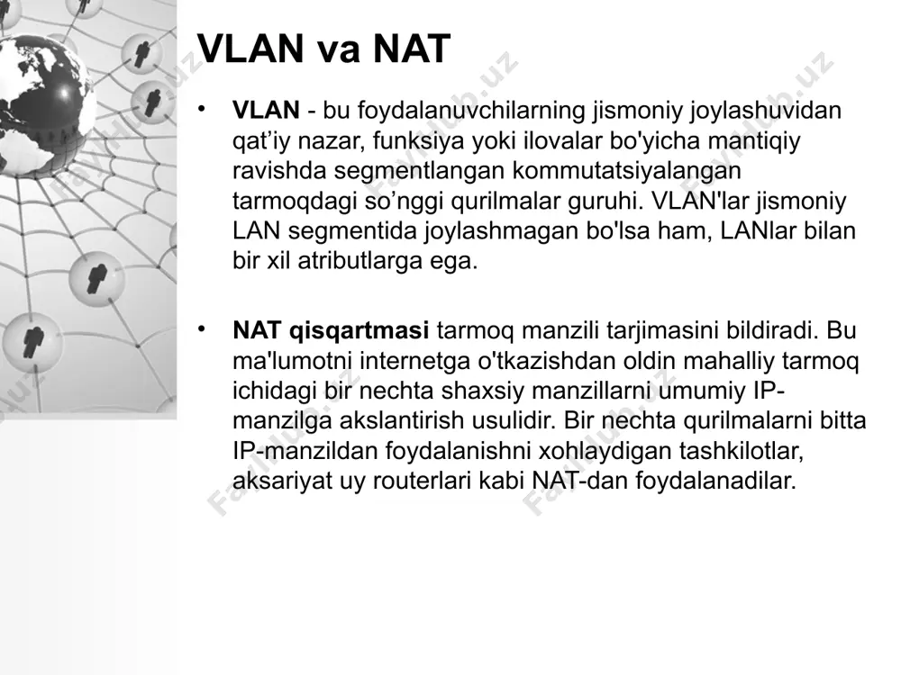 switch(config)# show vlan switch(config)# copy running-config startup-config 12 nat qanday ishlaydi? aytaylik, nat yordamida uy tarmog'iga ulangan noutbuk mavjud. bu tarmoq internetga murojaat qiluvchi routerga ulanadi. noutbuk nat dan foydalanadi. sababi u so'rovni ip-paketda marshrutizatorga yuboradi va marshrutizator ushbu so'rovni internetga va siz foydalanayotgan qidiruv xizmatiga uzatadi. sizning so'rovingiz uy tarmog'ingizni tark etishidan oldin, router birinchi navbatda ichki ip-manzilni shaxsiy mahalliy ip-manzildan umumiy ip-manzilga o'zgartiradi. routeringiz siz foydalanayotgan shaxsiy manzilni internetda foydalanish mumkin bo'lgan manzilga samarali tarzda tarjima qiladi va keyin yana qaytaradi. agar paket shaxsiy manzilga ega bo'lsa, qabul qiluvchi server ma'lumotni qayerga qaytarishni bilmaydi. buning sababi, shaxsiy ip-manzilni internetga yo'naltirish mumkin emas. agar router buni qilishga uringan bo'lsa, barcha internet routerlar avtomatik ravishda shaxsiy ip manzillarini o'chirishga dasturlashtirilgan. yaxshi tomoni shundaki, bugungi kunda uy ofislari va kichik ofislar uchun sotiladigan barcha marshrutizatorlar shaxsiy ip manzili va umumiy yo'naltirilgan ip manzillari o'rtasida oldinga va teskari osongina tarjima qiladi. nat …