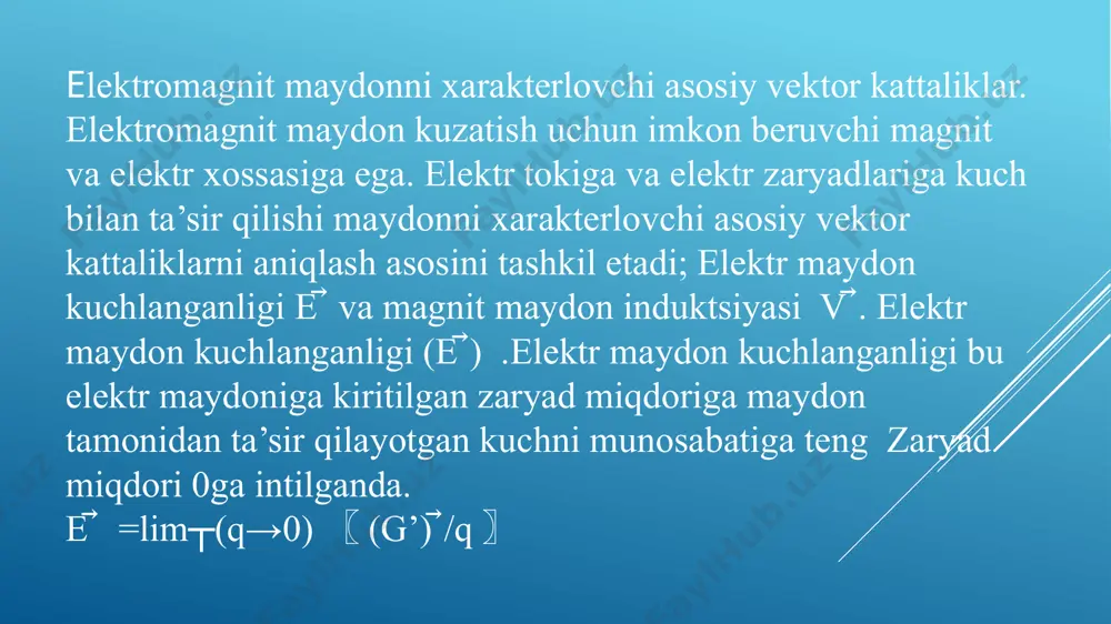 n        bac ko’paytma aralash ko’paytma deyiladi. (1.7) va (1.11) larga asosan kuyidagini yozish mumkin:                                           ncbaabcbac cossin (1.16) ravshanki, (1.16) ning o’ng tomoni  cba,, vektorlar ustiga kurilgan parallelepipedning v ‘ajmiga teng:             baabsin — parallelepiped asosinyang yuzi,              ncсcos —uning balandligi. parallelepiped asosi sifatida  acваcb , , a vek-torlar ustiga k,urilgan parallelogrammlarni ‘am olish mumkin, u ‘olda ‘ajm              acbcba , aralash ko’paytmalar bilan anik,lanadi. …