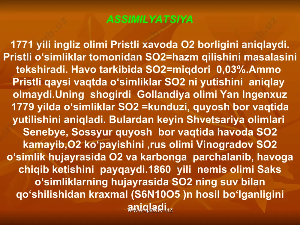 as:nafas olish protsessida o‘z og‘irligidan 1-2% yo‘qotadi. unib chiqmoqchi bo‘lgan urug‘lar ham shuncha og‘ir-ligini yo‘qotadi. xamirturish zamburug‘ning nafas olish 6 marta, bakteriyalarniki 200 martadan ko‘p. (odamlarga nisbatan). nafas olish protsessiga, havodagi o2 va n2o larning miqdoriga bog‘liq. www.arxiv.uz www.arxiv.uz 100 ko‘tarilsa,nafas olishi 2 marta kuchayadi. ammo bu kuchayishi 400 - 500gacha boradi. 500 darajadan yuqorida nafas olish protsessi susayadi. ba’zi o‘simliklar qishda nafas olishni davom ettiradi. mas:lishayniklar-100 ham nafas oladi. daraxtlarning kurtaklari xamda archa va qarag‘ayning ignasimon barglari 200 - 250 da ham nafas olishini davom ettiradi. urug‘lar quruqlikda juda sust nafas oladi. chunki uning tarkibida 10-15%, n2o bor. una boshlagan urug‘larda nafas olish 10.000 marta kuchayadi.una boshlagan urug‘larda 30% n2 o bor. nafas olish o‘simliklarning yoshiga ham bog‘liq. nafas olish yosh organda tez, qari organda sust roq bo‘ladi. ba’zi o‘simliklar mas:ba’zi bakteriya va zamburug‘lar o2 siz ham yashay oladi. o2 bilan yashovchi o‘simliklar aerob deyiladi. kislorodsiz yashovchilarni anaerob deyiladi. …