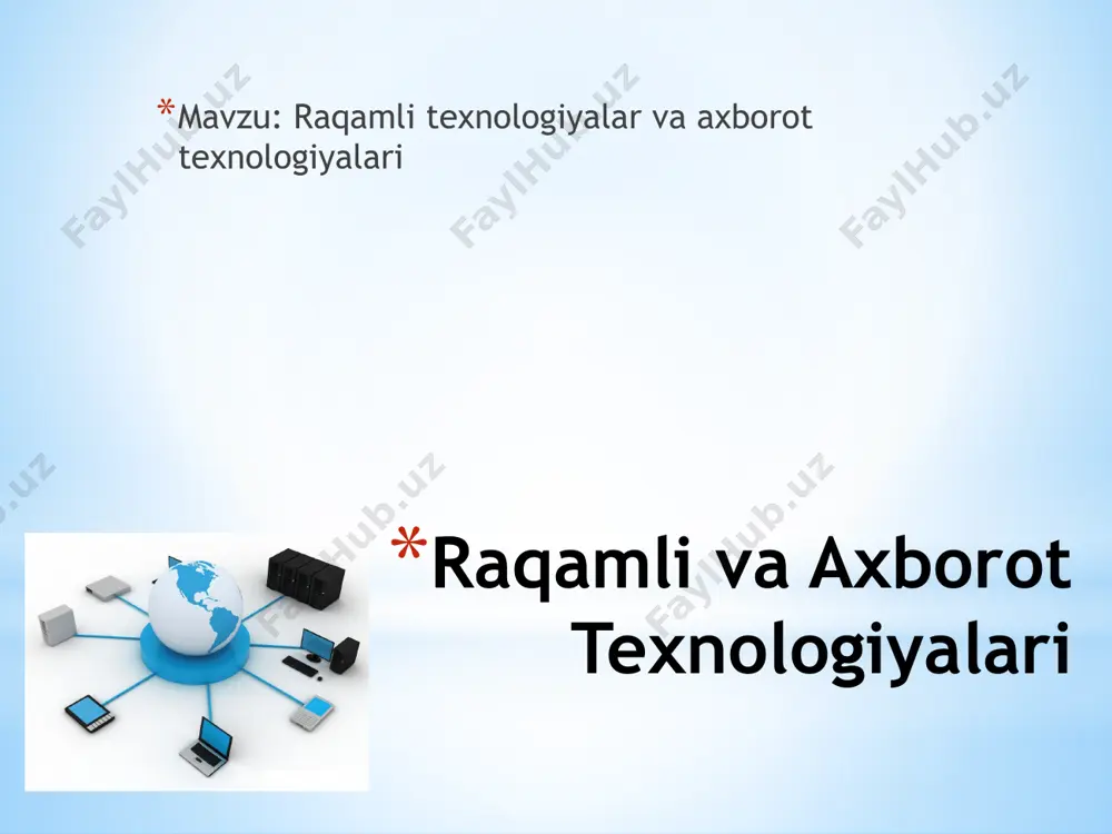 saqlash. • aqlli shaharlar va transport tizimlari. • sun'iy intellekt yordamida ma'lumotlarni tahlil qilish. xulosa • raqamli texnologiyalar hayotimizni tubdan o'zgartiradi. • axborot texnologiyalarini rivojlantirish strategik maqsad. • kelajak texnologiyalarni to'g'ri boshqarishga bog'liq. image1.png image2.jpeg image3.png image4.wmf picture 4.jpg image5.png image6.png image7.jpeg image8.png image9.png image10.png image11.png image12.jpeg image13.jpeg image14.jpeg image15.jpeg image16.jpeg image17.png image18.jpeg image19.jpeg image20.jpeg picture 4.jpg /docprops/thumbnail.jpeg