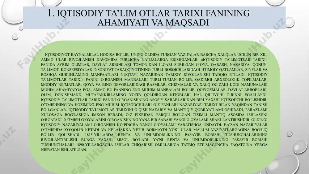izimlari, davlatga tegishli bo`lib, davlatchilik mutloq monarxiya ko`rinishida amal qilgan. asosiy ishlab chiqaruvchi kuchlar jamoalarga birlashgan hunarmandlar va erkin dehqonlar bo`lib, ular soliq to`lab ma`lum bir mehnat majburiyatlarini bajarishgan. qullar esa ishlovchilarning kamchilik qismini tashkil etib, asosan puldorlarga, zodagonlarga xizmat ko`rsatishgan yoki eng og`ir mehnat jarayonlarida, xususan temir va tosh konlarida ishlashgan. predmet va uslub. qadimiy sharq iqtisodiy ta`limotlari haqida ma`lumotlar o`sha davrdagi davlatchilik haqidagi yuridik hujjatlar va davlat boshqaruvchi haqidagi asarlarda keltirilgan, chunki iqtisodiy hayot ham mazkur sohalarning bir qismini tashkil etgan. shu sababli iqtisodiy ta`limotlar predmeti bo`lib mo„ayyan davlat miqiyosidagi xo`jalik munosabatlari hisoblangan. xo`jalik faoliyati haqidagi iqtisodiy fikrlar, g`oyalar o`sha davr mutafakkirlari tomonidan turli asarlarda yoritilgan. mazkur asarlarda asosan davlatni qanday qilib yaxshiroq boshqarish haqidagi me`yoriy tavsiyalar keltirilgan. ijtimoiy - iqtisodiy munosabatlar me`yorlari ko`p jihatdan mavjud bo`lgan diniy qarashlar va an`analarga bog`liq bo`lgan. asosiy nazariy qonuniyatlar boylik. iqtisodiyot fani rivojlanishining barcha bosqichlaridagi asosiy muammosi boylikdir (yoki uning turli …