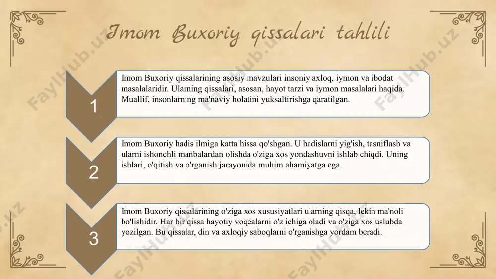 di. ularning qissalaridagi o'xshashliklar va farqlar hadis ilmidagi yondashuvni boyitadi, bu esa ilmiy izlanishlar uchun yangi yo'nalishlar yaratadi. qissalarning ilmiy ahamiyati va ta'siri hozirgi kunda ham davom etmoqda. foydalanilgan adabiyotlar 1. abdullayev, m. m. imom buxoriy va imom termiziy: hadis ilmiga qo'shgan hissalari. toshkent: uzbilim, 2021. 2. siddiqov, a. a. imom termiziy: hadis ilmiga qo'shgan hissasi. samarqand: sharq, 2020. 3. qodirov, d. imom buxoriy va termiziy qissalaridagi o'xshashliklar va farqlar. tashkent: yozuvchi, 2022. 4. isroilov, b. hadis ilmida imom buxoriy va imom termiziy: qiyosiy tahlil. buxoro: buxoro universiteti, 2019. 5. yusupov, z. qissalarning hadis ilmiga ta'siri: buxoriy va termiziy nuqtai nazari. toshkent: fan va texnologiya, 2023. e'tiboringiz uchun rahmat! designed by slides carnival image3.jpg image4.png image17.jpeg image2.png image8.jpg image18.png image9.jpeg image6.png image7.png image19.jpeg image20.jpeg image1.jpg