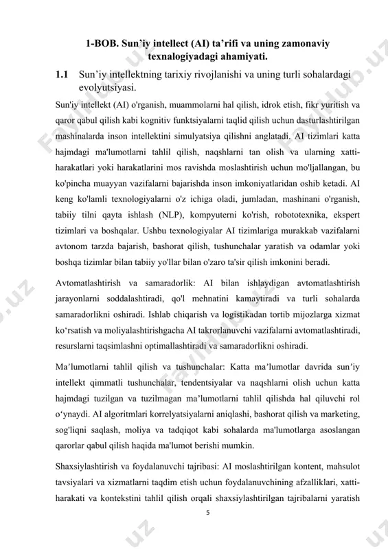 yondashuvlarni taklif qiladi. tabiiy tillarni qayta ishlash va muloqot: ai bilan quvvatlanadigan tabiiy tilni qayta ishlash (nlp) nutqni aniqlash, til tarjimasi, chatbotlar va virtual yordamchilar orqali inson va mashina o‘zaro ta’sirini osonlashtiradi. ushbu interfeyslar uzluksiz aloqa va ma'lumotlarga kirish imkonini beradi, bu bizning texnologiya va xizmatlar bilan o'zaro munosabatimizni o'zgartiradi. innovatsiya va ijodkorlik: ai ilgari tasavvur qilib bo‘lmaydigan yangi ilovalar va yechimlarni ishga tushirish orqali innovatsiyalarni kuchaytiradi. avtonom avtomashinalar va aqlli uylardan tortib virtual haqiqat va ai tomonidan yaratilgan ijodiy kontentgacha, ai ijodkorlik, tajriba va sanoat bo'ylab buzuvchi innovatsiyalarni rivojlantiradi. axloqiy va ijtimoiy taʼsir: ai texnologiyalari kundalik hayotimizga tobora koʻproq integratsiyalashgani sari, axloqiy masalalarni hal qilishga, noxolislikni yumshatishga, maxfiylikni himoya qilishga va aini masʼuliyatli rivojlantirishga eʼtibor kuchaymoqda. ai tizimlarida shaffoflik, adolatlilik va hisobdorlikni ta'minlash ishonchni mustahkamlash va ijtimoiy manfaatlarni maksimal darajada oshirish uchun juda muhimdir. xulosa qilib aytganda, sun'iy intellekt zamonaviy texnologiyalarni o'zgartiruvchi kuch bo'lib, turli sohalarda innovatsiyalar, samaradorlik va …