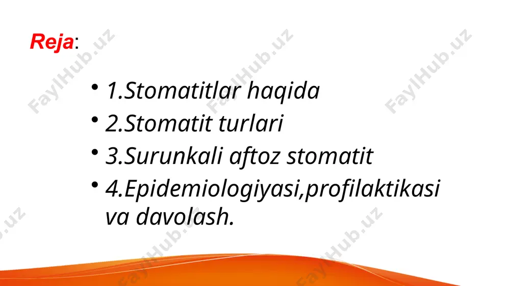 tadigan preparatlar bilan davolash. parhezga qat’iy rioya qilish: ko’p miqdorda tuz, shakar, kislotalar, ziravorlar, qattiq moddalar, alkogolli ichimliklar, tamaki mahsulotlarini iste’mol qilishdan saqlanish. og’riq qoldiruvchi moddalar xulosa surunkali qaytalanuvchi aftoz stomatit (sqas) – og'iz bo'shlig'ida qaytalanuvchi yallig'lanish va og'riqli yaralar bilan kechadigan kasallik bo'lib, dunyo aholisining sezilarli qismida uchraydi. kasallikning etiologiyasi ko'p omilli bo'lib, immun tizimi zaifligi, stress, ovqatlanish yetishmovchiligi va genetika muhim rol o'ynaydi. profilaktik choralar – sog'lom ovqatlanish, stressni boshqarish, og'iz gigiyenasiga rioya qilish va kerakli dori vositalaridan foydalanish – kasallikning tez-tez takrorlanishining oldini olishda samarali. e`tiboringiz uchun rahmat image1.jpeg image3.png image4.webp image5.jpeg image6.jpeg image7.jpeg image8.jpeg image9.jpeg image10.jpeg image11.png image12.webp image2.jpeg /docprops/thumbnail.jpeg
