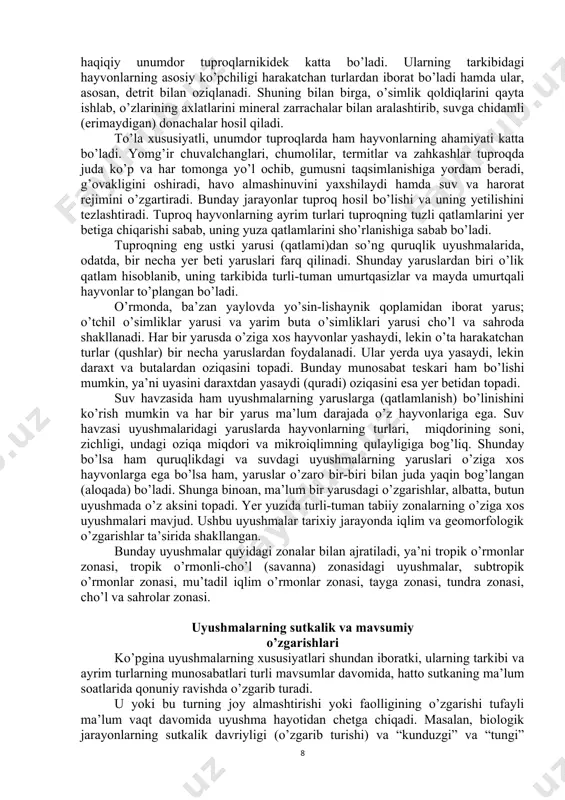 ori ancha ko’p bo’ladi va ular shu joyda tuproq hosil qilish jarayoniga ta’sir etadi. tuproq hayvonlari tuproqni kavlab uning strukturasi, havo almashinuvini, suv va hararot rejimini o’zgartiradi, ostki va ustki qatlamlarini almashtirish va unga turli organik birikmalarni kiritish ishini amalga oshiradi. bu bilan ular tuproqda tuproq mikroflorasini oshishiga hamda o’simlik va hayvon qoldiqlarini tezroq parchalanishiga olib keladi. yer beti hayvonlari ham tuproq hosil qilish jarayoniga ta’sir ko’rsatadi, tuproqning ustki qatlamlarini va o’simliklar qoplamini o’zgartiradi. ayniqsa, tuproq hosil bo’lishining dastlabki fazalarida ularning roli juda katta bo’ladi. tuproq hosil bo’lishning dastlabki davrlarida ham qoyalardagi hayvonlar zichligi haqiqiy unumdor tuproqlarnikidek katta bo’ladi. ularning tarkibidagi hayvonlarning asosiy ko’pchiligi harakatchan turlardan iborat bo’ladi hamda ular, asosan, detrit bilan oziqlanadi. shuning bilan birga, o’simlik qoldiqlarini qayta ishlab, o’zlarining axlatlarini mineral zarrachalar bilan aralashtirib, suvga chidamli (erimaydigan) donachalar hosil qiladi. to’la xususiyatli, unumdor tuproqlarda ham hayvonlarning ahamiyati katta bo’ladi. yomg’ir chuvalchanglari, chumolilar, termitlar va zahkashlar tuproqda juda …