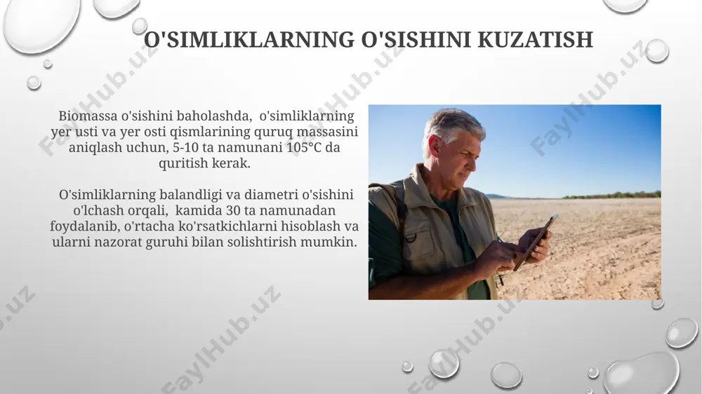 'p nuqtalarni o'lchash orqali 3d model yaratish va 100 mm gacha bo'lgan aniqlikda yerning deformatsiyasini kuzatish mumkin. yerning ameliorativ holatini baholashda geodezik o'lchovlar natijalari, masalan, balandliklar farqi va koordinatalar o'zgarishi, topografik xaritalar bilan solishtirilib tahlil qilinadi, bu esa 0,1 metrgacha aniqlikni ta'minlaydi. iqtisodiy samaradorlikni hisoblash iqtisodiy samaradorlikni hisoblashda, 5 yillik davr uchun o'rtacha rentabellik ko'rsatkichi 20% dan yuqori bo'lishi samarali loyiha sifatida baholanadi. yerlarning ameliorativ holatini yaxshilash natijasida hosildorlikning 15% ga oshishi, qo'shimcha daromadni 300 mln. so'm miqdorida oshirishga olib keladi. yerning topografik xususiyatlarini baholash eroziya darajasini aniqlash uchun, 10 gektarlik maydonlarda o'tkazilgan yer yuzasi tekshiruvlari natijalari va tuproq namunasini tahlili muhim ahamiyat kasb etadi. yerning topografik xususiyatlarini baholashda, 30 metrli piksellar bilan yuqori aniqlikdagi raqamli relyef modellari (rfm) dan foydalanish, balandlik farqlarini aniqlash va qiyalik burchaklarini hisoblash imkonini beradi. masofaviy zondlash giperspektral masofaviy zondlash texnologiyasi 100 dan ortiq spektral kanallarni qo'llab, tuproqning kimyoviy tarkibi va namligini aniq aniqlashga imkon …