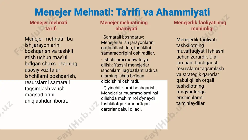rategiyalarini belgilashlari kerak. bozor talabining asosiy omillari bozor talabining asosiy omillari menejerlar faoliyatini tashkil etishda muhim ahamiyatga ega. iste'molchilar xohishlari, narxlar va raqobat, menejerlar tomonidan to'g'ri qarorlar qabul qilishda e'tiborga olinishi lozim. o'zgaruvchan talablarga misollar menejerlarga bo'lgan talab o'zgaruvchan bo'lib, misol uchun, raqamli transformatsiya jarayonida yangi ko'nikmalarga ega bo'lish zarurati ortadi. shuningdek, pandemiya davrida masofaviy ishlashga o'tish menejerlardan yangi yondashuvlarni talab qiladi. talab va taklif o'rtasidagi munosabat talab va taklif o'rtasidagi munosabat menejerlarning muvaffaqiyati uchun muhimdir. mamlakat iqtisodiyoti o'sib borishi bilan menejerlarga bo'lgan talab ham oshadi, bu esa ularning taklifini ham oshirishga olib keladi. talabni oshirish uchun imkoniyatlar talabni oshirish uchun menejerlar o'z bilim va ko'nikmalarini doimiy ravishda yangilashlari, zamonaviy texnologiyalarni o'rganishlari va jamoalarini samarali boshqarishlari zarur. menejerlarga bo'lgan talab menejerlarga bo'lgan talab - zamonaviy iqtisodiyotda doimiy o'zgarib turadi. ular o'zlarining ko'nikmalarini rivojlantirib, o'zgaruvchan sharoitlarga moslashishlari kerak. menejerlar uchun bozor tahlili bozor tahlili tushunchasi bozor tahlili – bu bozorning holatini, …
